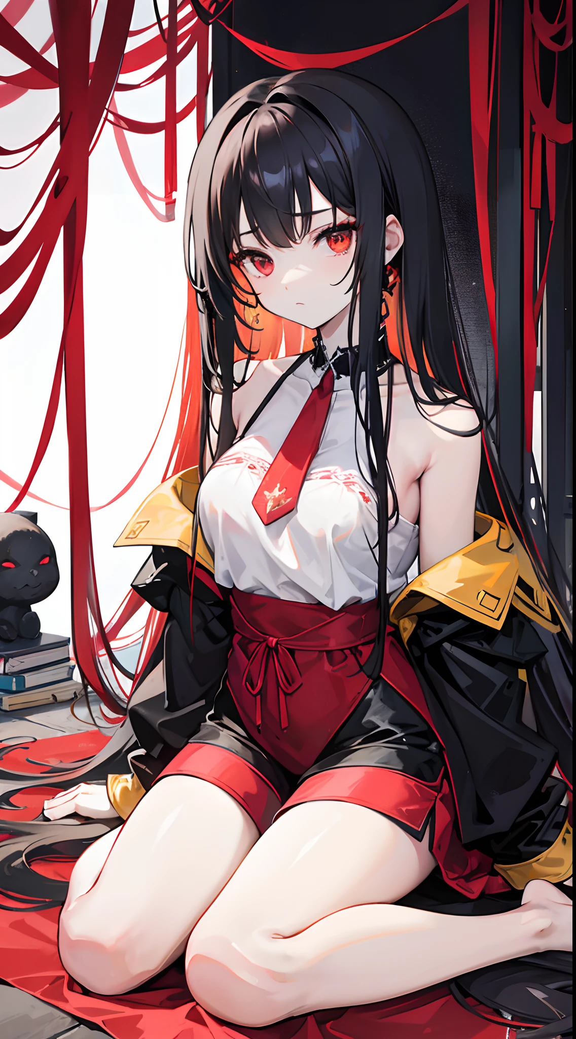 Black exudes long hair，Jagged hair curtains，Red with yellow heteropupils，dual horsetail，girl，The appearance of just waking up，Detailed description of hair，White single off-the-shoulder large short sleeves，Light gray sports shorts，Two-dimensional girl sitting，sat on the ground，Place both hands between your thighs，Clamp your chest，Tilt your head，White carpet