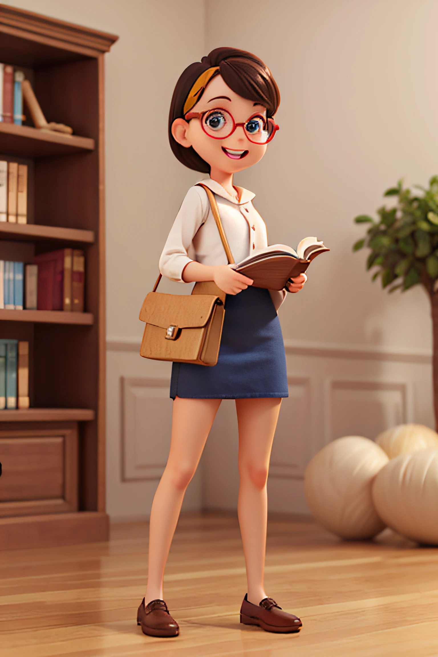 menina, estilo cartoon 3d, com cabelos pretos, olhos bonitos, bespectacled, roupa de professora, with books in hand, sorriso lindo, fundo totalmente branco