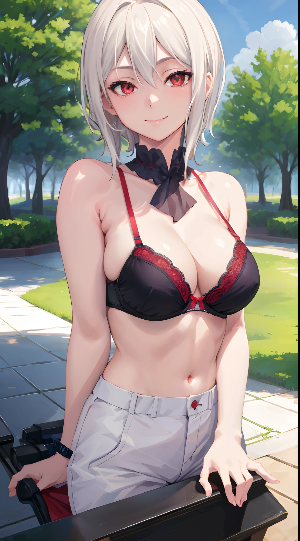 (masterpiece), best quality, AliceKV4, 1girl, solo, looking at viewer, smile, outdoors, bra, red eyes, ultra-detailed eyes, white hair, short hair, bra, (upper body).