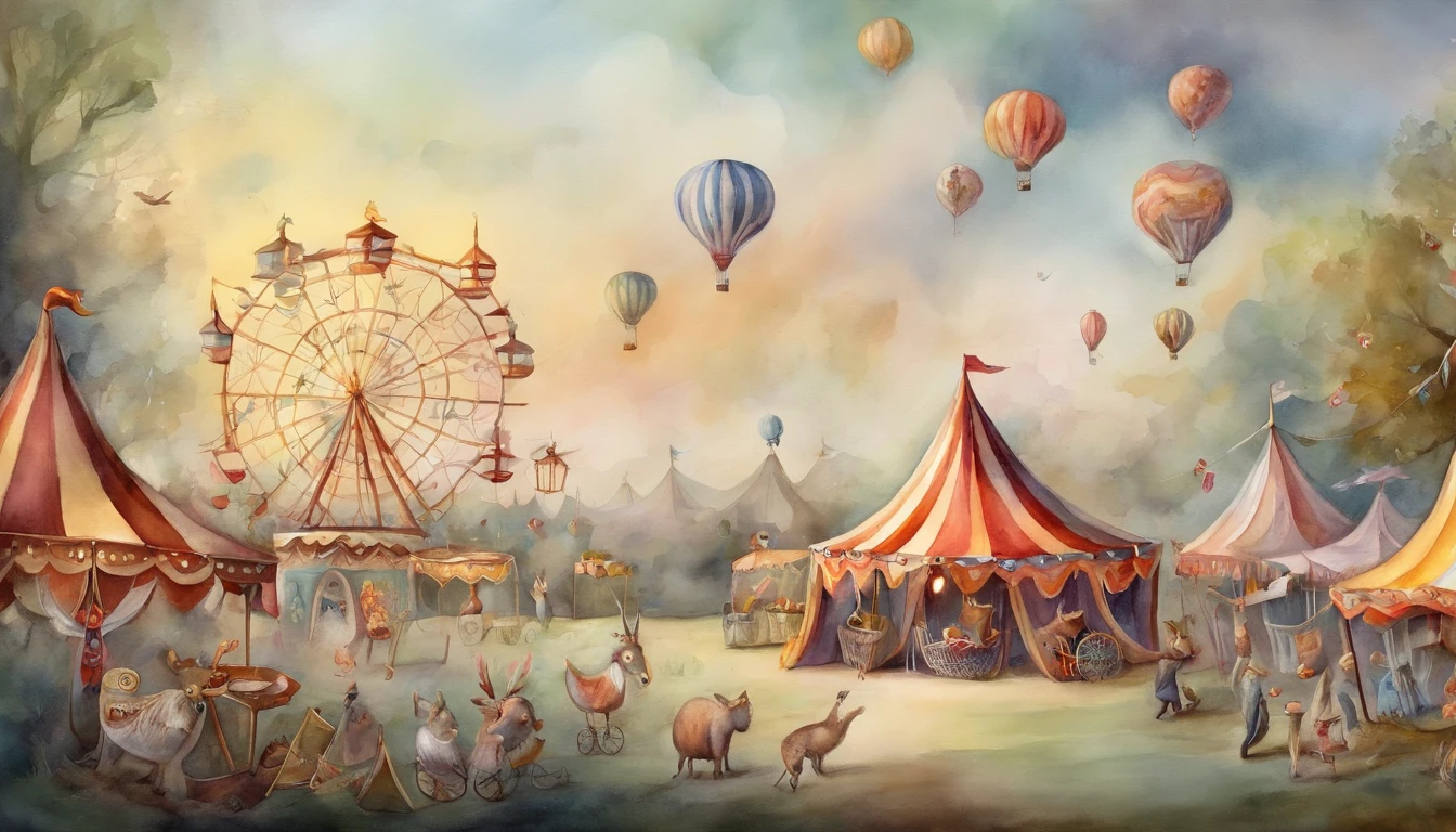 there is a picture of a carnival, ethereal and dreamy theme, dreamy and detailed, adorable and whimsical, whimsical and cute, witchlight carnival, welcome to the circus, circus background, very magical and dreamy, dreamy illustration, illustrated in whimsical style, in the white clouds fairyland, instagram story, illustartion, airy midnight theme, circus, air baloon