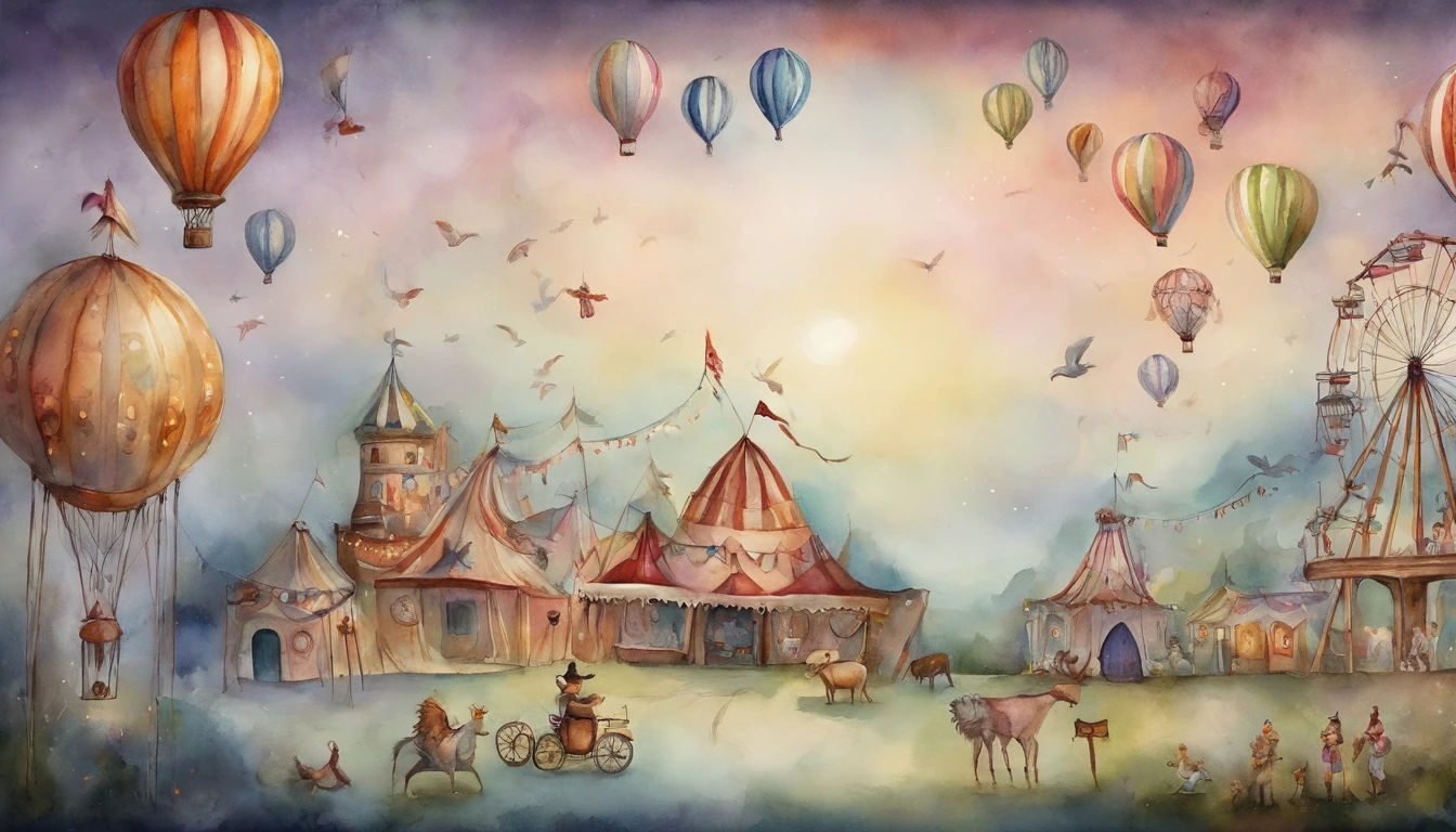 there is a picture of a carnival, ethereal and dreamy theme, dreamy and detailed, adorable and whimsical, whimsical and cute, witchlight carnival, welcome to the circus, circus background, very magical and dreamy, dreamy illustration, illustrated in whimsical style, in the white clouds fairyland, instagram story, illustartion, airy midnight theme, circus, air baloon