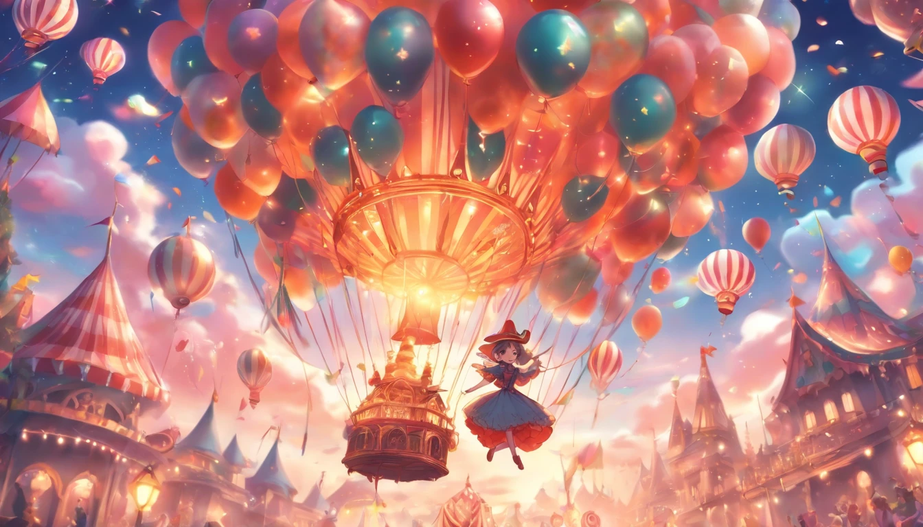there is a picture of a carnival, ethereal and dreamy theme, dreamy and detailed, adorable and whimsical, whimsical and cute, witchlight carnival, welcome to the circus, circus background, very magical and dreamy, dreamy illustration, illustrated in whimsical style, in the white clouds fairyland, instagram story, illustartion, airy midnight theme, circus, air baloon, desaturate color