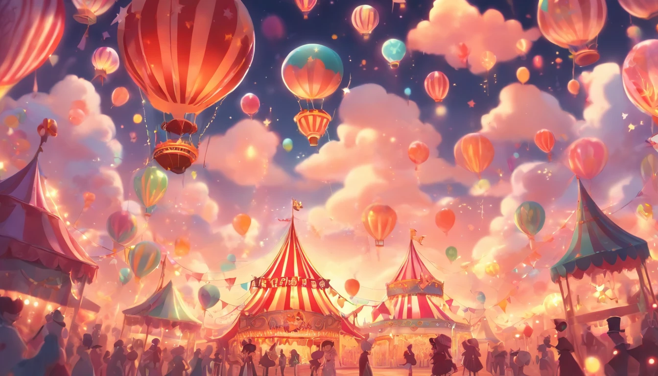 there is a picture of a carnival, ethereal and dreamy theme, dreamy and detailed, adorable and whimsical, whimsical and cute, witchlight carnival, welcome to the circus, circus background, very magical and dreamy, dreamy illustration, illustrated in whimsical style, in the white clouds fairyland, instagram story, illustartion, airy midnight theme, circus, air baloon, desaturate color