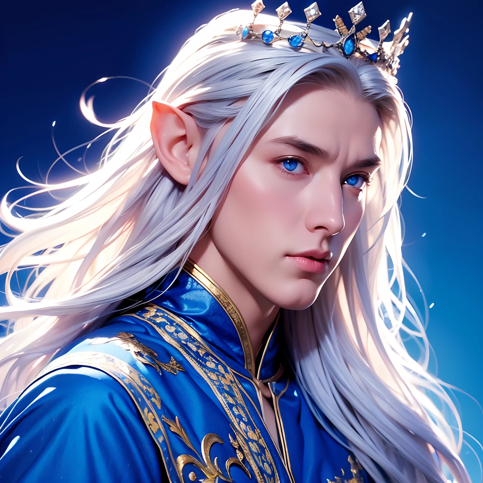 Elf, man, boy, young, young, long hair, white hair, blue eyes, crown, King, strong, strong man, blue background, magic around, sexy, sensual, full body