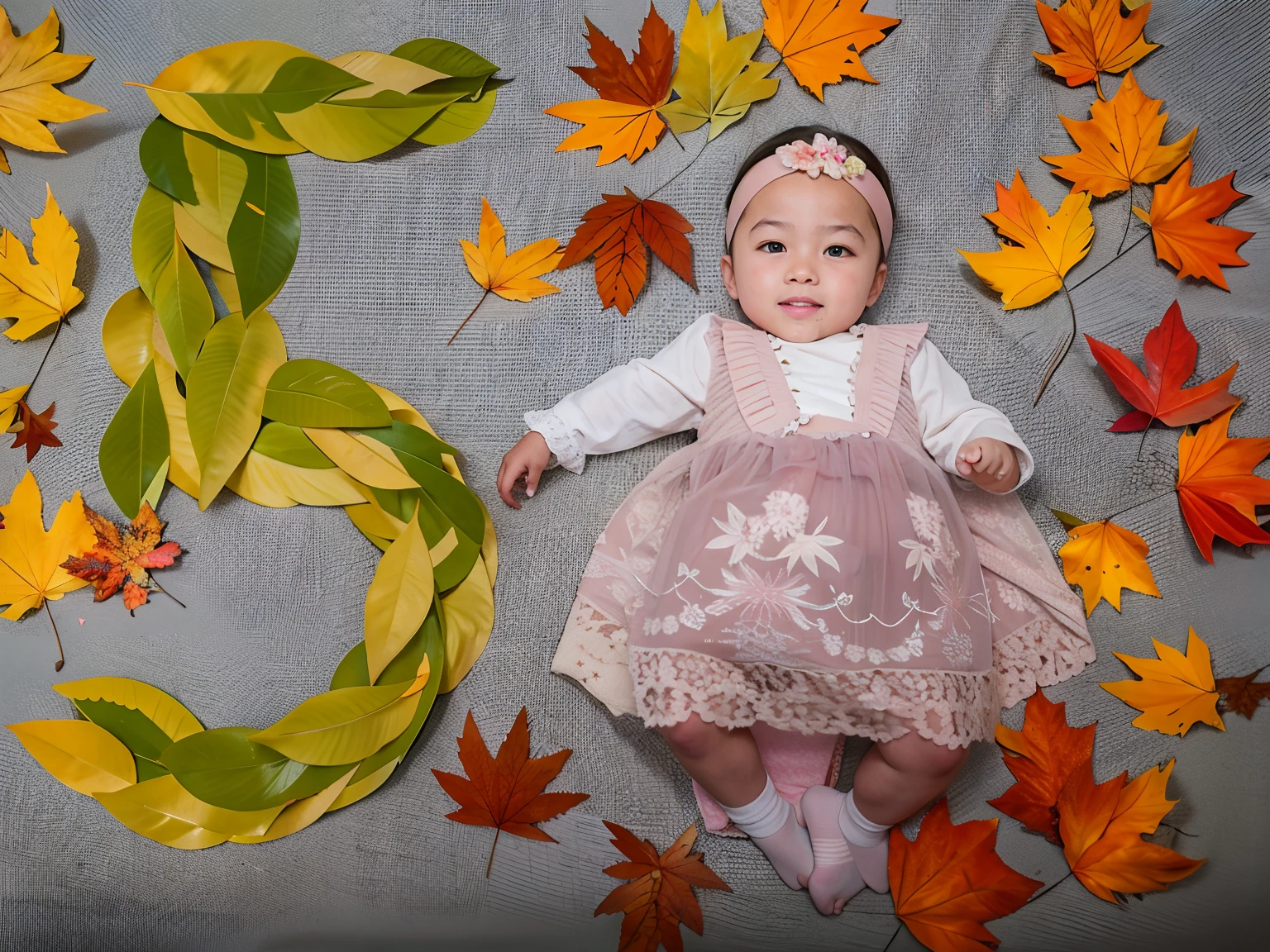 A girl in a pink dress lies on a carpet of leaves, a photo of a, made on Nikon D 7 5 0, a photo of a, made on Nikon D750, high picture quality, 1614572159, model photography, colored photo, maternal photography 4 k, cute photo, high picture quality, Sitting on a sheet, photoshooting