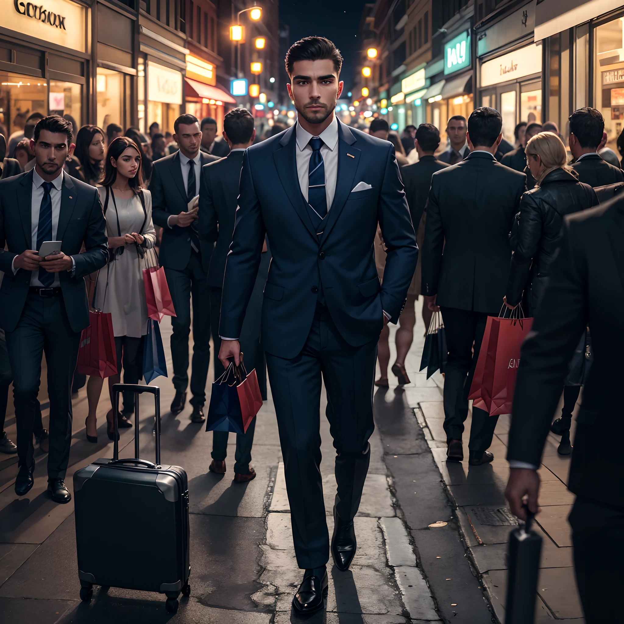 create a man in a navy blue suit, holding a black briefcase by the handle, on a busy street, a shopping street, the man stands out from all the other people around but without drawing attention, in one night, all the lights that are around him make him seem part of that environment, and a highlight in his black suitcase. --auto
