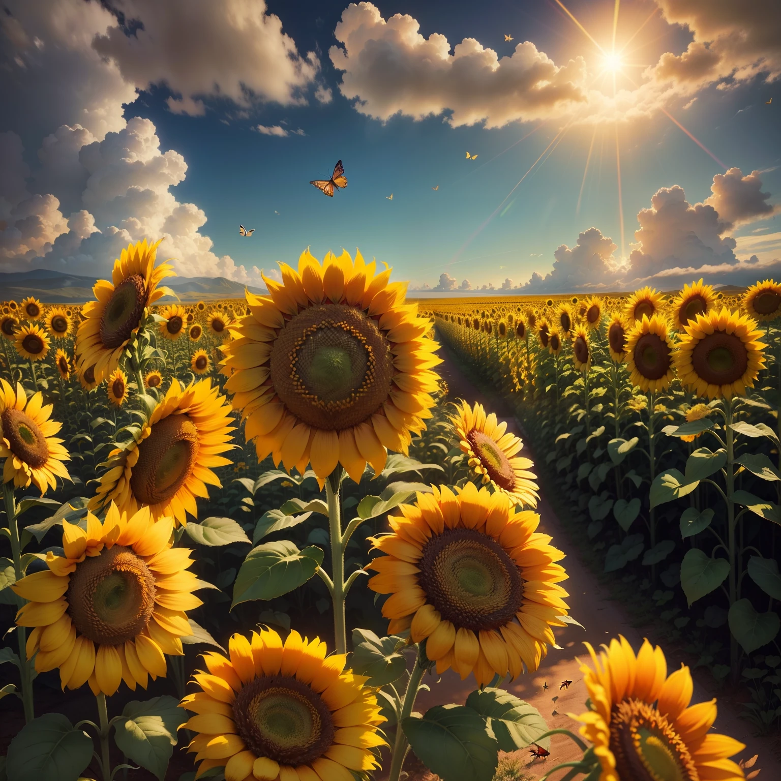 Campo de girasoles con mariposas voladoras, Rayo de sol en el fondo, Luz exuberante, arco iris, amazing scene, Crisp Details