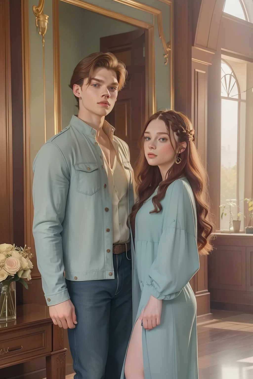 year: 2023. Location: Texas. Pre-Raphaelite scene with a 21-year-old Dominic Sherwood with Emma Myers, sibling reunion, ((happy)), inside a mansion hall, ((((casual Clothing from the 2020s)))) ((Hairstyle of the 2020s)), pastel colors, (((cinematic style)))