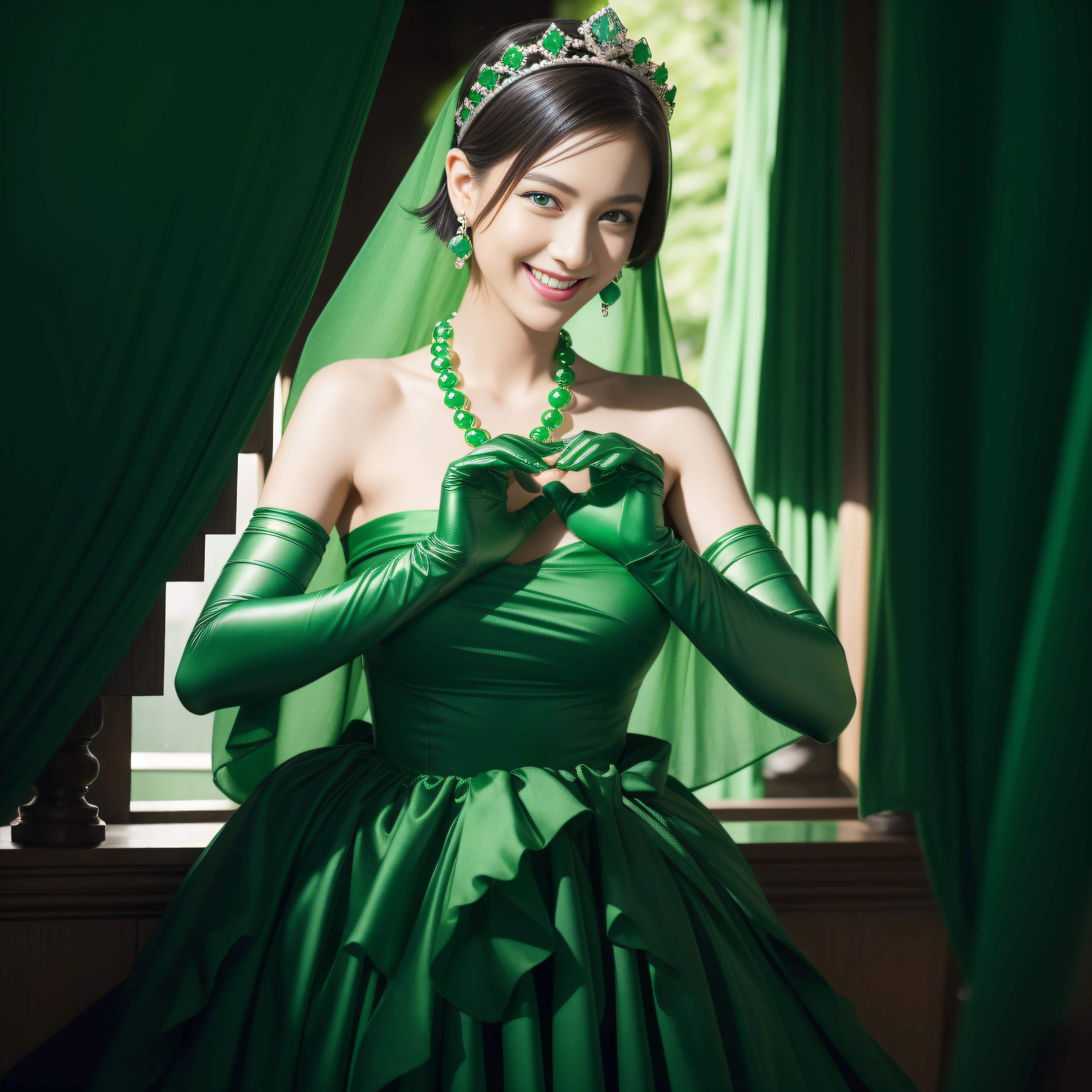 emerald tiara, Green Pearl Necklace, Boyish very short green hair, lipsticks, Japan woman smiling, very short short hair,  big breasts beautiful, Green eyes, Long green gloves made of satin material, Green eyes, Emerald Earrings, green vale