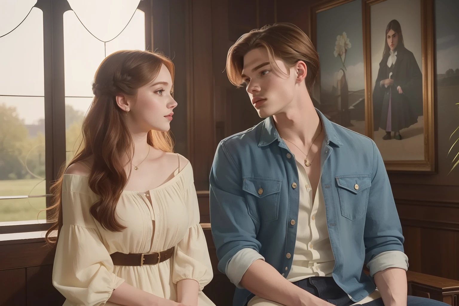 year: 2023. Location: Texas. Pre-Raphaelite scene with a 21-year-old Dominic Sherwood with Emma Myers, sibling reunion, ((happy)), inside a mansion hall, ((((casual Clothing from the 2020s)))) ((Hairstyle of the 2020s)), pastel colors, (((cinematic style)))