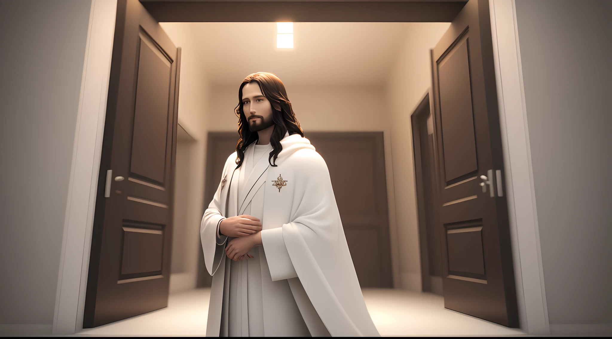 Develop a realistic 3D image with cinematic details of a starry night. Na porta de uma casa iluminada por uma suave luz interior, represente Jesus Cristo, dressed in a white robe, batendo gentilmente na porta. Create an atmosphere of anticipation and surprise on the face of the person who is about to open the door. Detalhe a textura das roupas e o brilho suave da luz que ilumina o rosto de Jesus. Capte o momento de encontro entre o divino e o humano, with a sense of peace and grace in the environment."