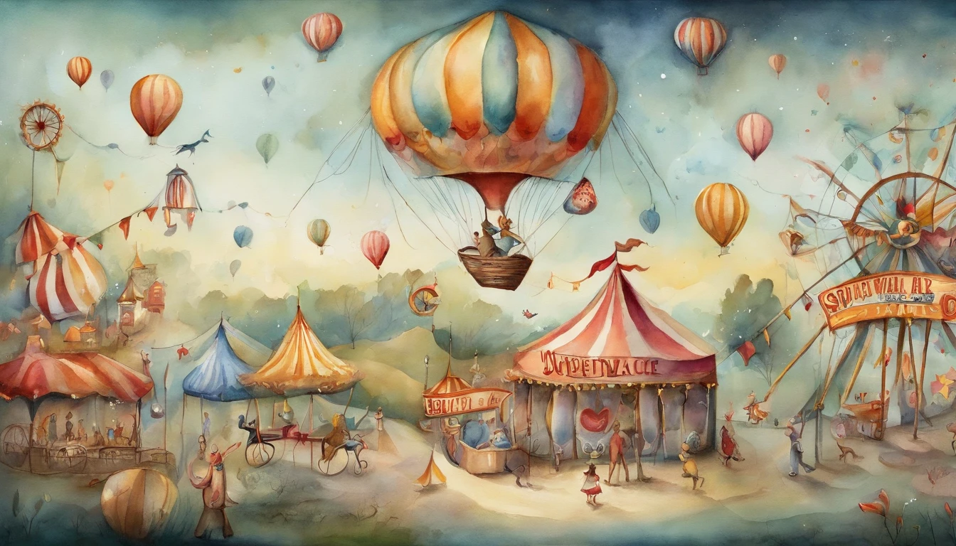 there is a picture of a carnival, ethereal and dreamy theme, dreamy and detailed, adorable and whimsical, whimsical and cute, witchlight carnival, welcome to the circus, circus background, very magical and dreamy, dreamy illustration, illustrated in whimsical style, in the white clouds fairyland, instagram story, illustartion, airy midnight theme, circus, air baloon
