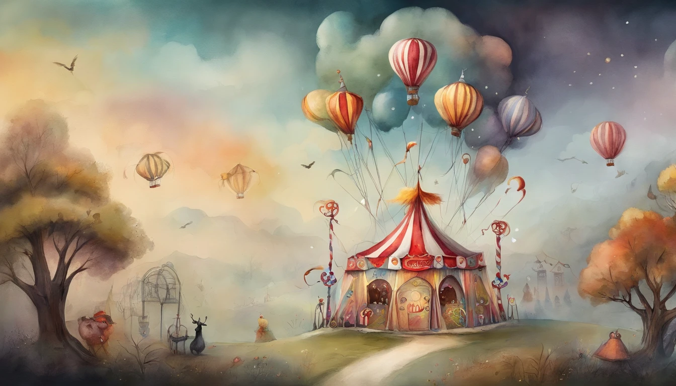 there is a picture of a carnival, ethereal and dreamy theme, dreamy and detailed, adorable and whimsical, whimsical and cute, witchlight carnival, welcome to the circus, circus background, very magical and dreamy, dreamy illustration, illustrated in whimsical style, in the white clouds fairyland, instagram story, illustartion, airy midnight theme, circus, air baloon
