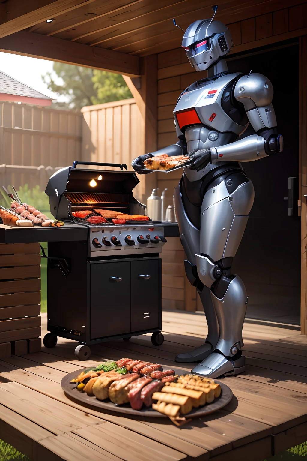 Robot making barbecue standing next to a charcoal grill like the ones on the wall, in this barbecue there are skewers with sausage and meat-type picanha, The robot is holding a piece of rump and rump meat to be placed on the grill