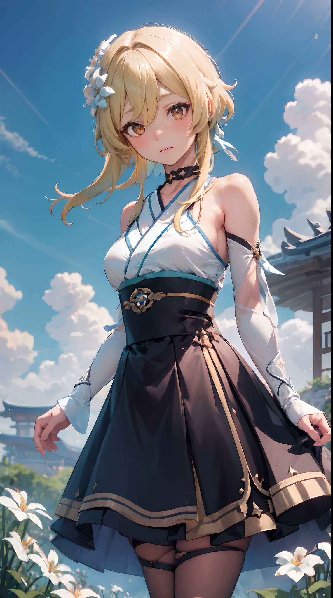 Lumine | genshin impact, master-piece, bestquality, 1girls,25 years old, proportional body, proportional., Hanbok , Long skirt, bara, choker, arm behind back, Outdoor Stand, Flower in the middle of the flower, shiny sky, View viewers from the front., Thigh strap, Head tilt, bored, 10, 10, HD, 10 ,