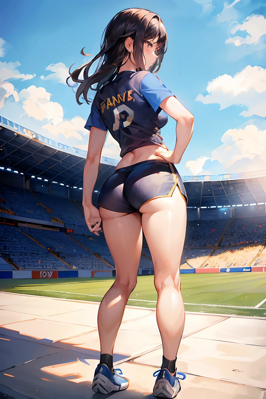 Girl, black hair, dark blue Shirt, France 2022 year Soccer Clothing, France Football Kit 2022, ((Dark blue shorts))Nike Dark Blue shorts, Perfectly Detailed, Stadium Soccer Field Background, full body, Thicc hips, thighs butt, football field, exact logo, chicken gold logo on shirt