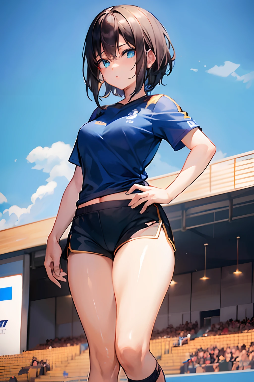 Girl, black hair, dark blue Shirt, France 2022 year Soccer Clothing, France Football Kit 2022, ((Dark blue shorts))Nike Dark Blue shorts, Perfectly Detailed, Stadium Soccer Field Background, full body, Thicc hips, thighs butt, football field, exact logo, chicken gold logo on shirt