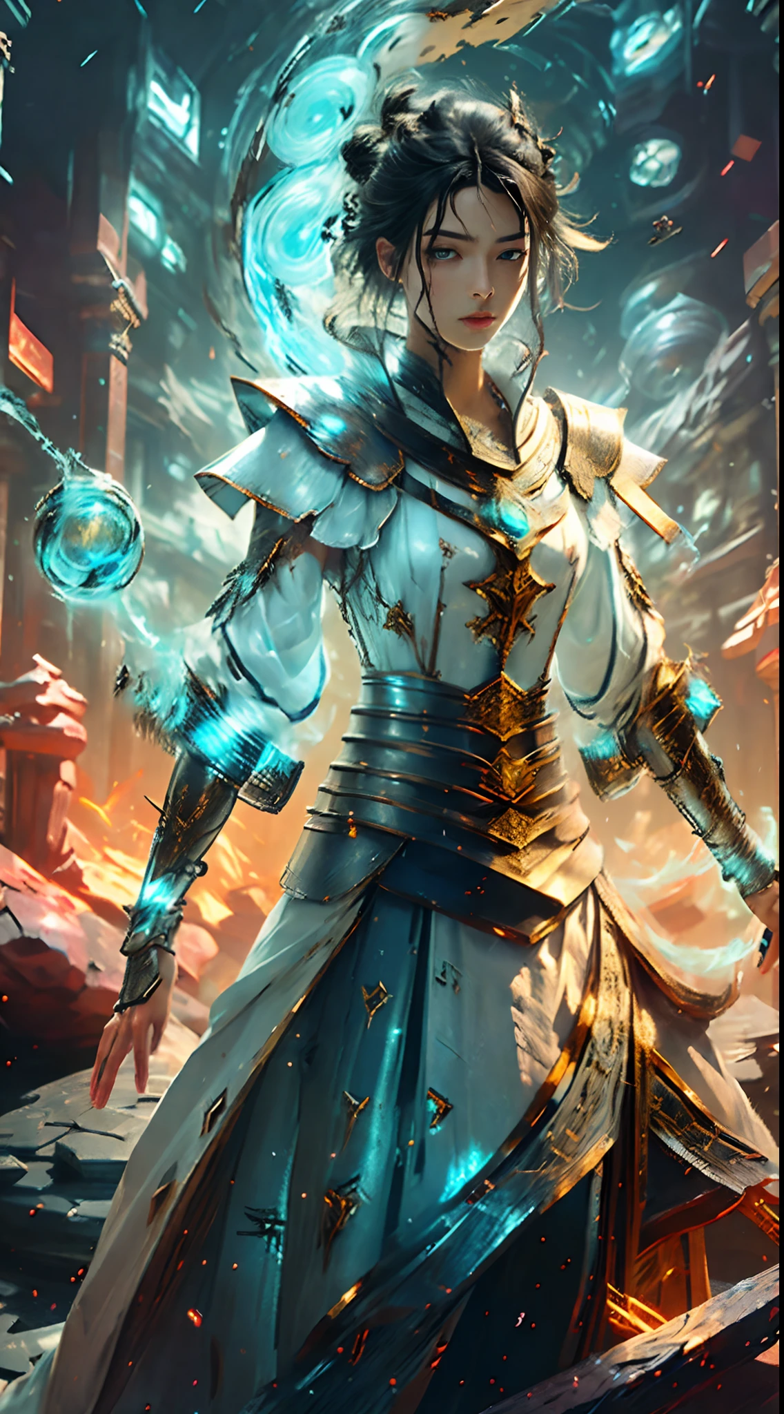 8k, complex, elegant, highly detailed, majestic, digital photography, denim lens, surrealist painting, broken glass, beating magic, winding lightning magic, (masterpiece, side light, fine beautiful eyes: 1.2), HDR, Void 5 energy lightning storm, , pale skin, glowing skin, ( Sitting on a stone: 1.5), delicate face, black hair, wearing palatial blue armor, bare fine blue armor, raining, beautiful, looking at the audience, facing the camera, masterpiece, upper body,
