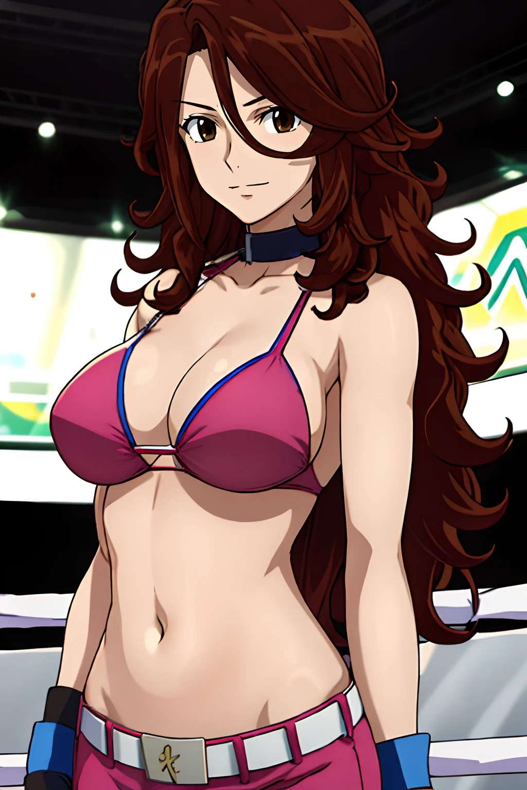 curvy belly, titration screen,, Elegant lady, (upper body only), anime style: 1.8, anime drawing, ultra detailed face, ultra detailed body, 4k, Sumergai Lee Noriega, (standing), best quality, anime style, hires, highest definition, digital blending, bold drawing lines, ((wwe diva), (location: wrestling arena, crowds watching), ( big shoulders, slim body, (wrestler body, thick arms, detailed biceps), , broad shoulders, closed fists, (very curvy: 2.8)), ((white bikini, only, white gloves, collar, hand protector, (champion belt on bare belly))), loser, defeated, sad, (pale skin, big breasts, smile), (big eyes, brown eyes), (clapping), ( brown hair, loose hair, curly hair, wavy hair, long hair, missy hair), 27 years old,