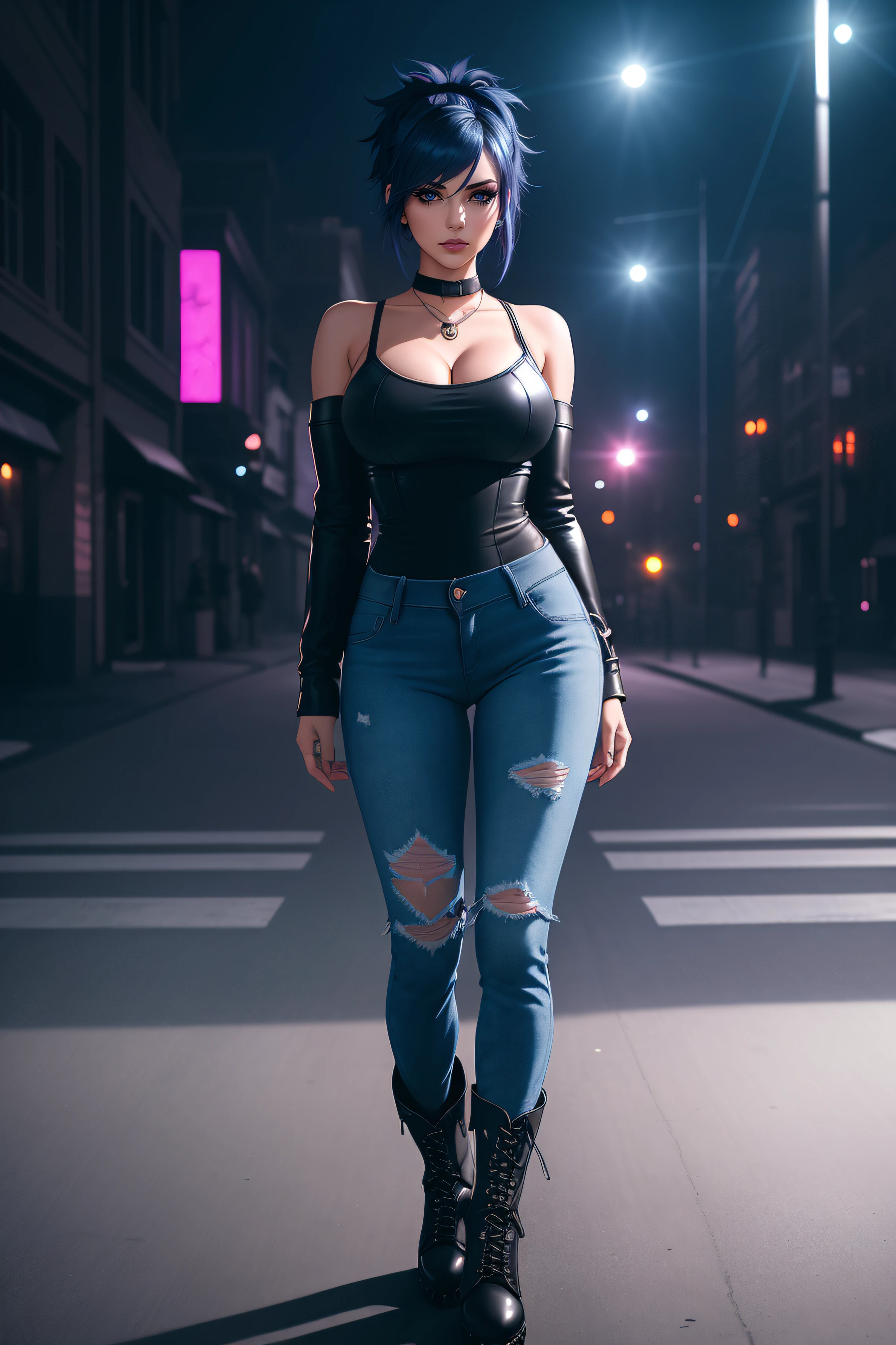 beautiful girl, full body, short bright blue dishevelled hair, black eyeshadow, (street style wear:1.2), ((tight fitted denim jeans)), ((knee high leather boots)), (deep cleavage), (dark city night background:1.2), dark makeup, digital art, trending on artstation, highly detailed, fine detail, intricate, beautiful detailed glow, detailed, Cinematic light, high-res, detailed facial features, sharp focus, smooth, aesthetic,