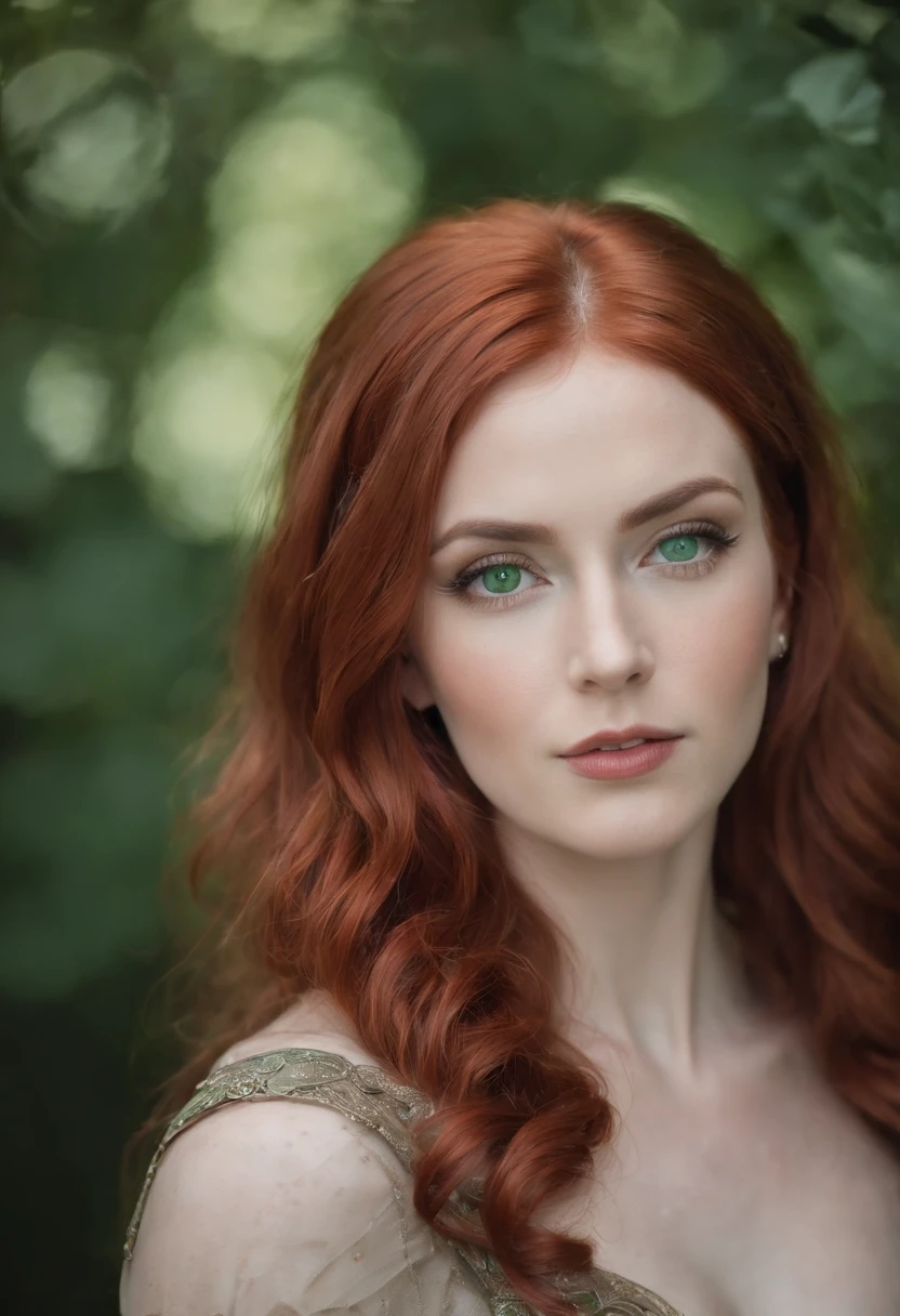 woman with red hair, in mid-20's, emerald green eyes, fantasy, steampunk, goddess