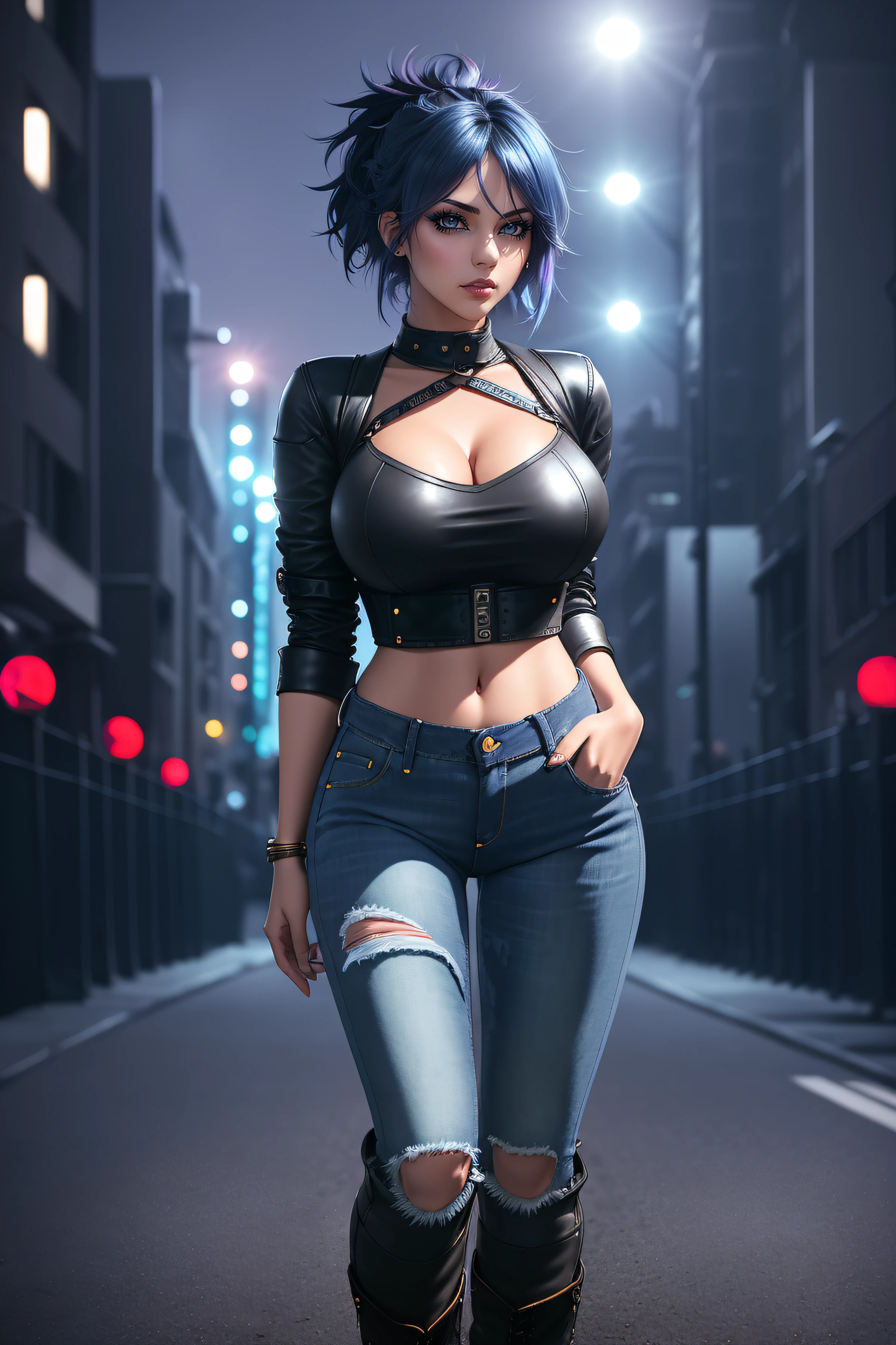 beautiful girl, full body, short bright blue dishevelled hair, black eyeshadow, (street style wear:1.2), ((tight fitted denim jeans)), ((knee high leather boots)), (deep cleavage), (dark city night background:1.2), dark makeup, digital art, trending on artstation, highly detailed, fine detail, intricate, beautiful detailed glow, detailed, Cinematic light, high-res, detailed facial features, sharp focus, smooth, aesthetic,