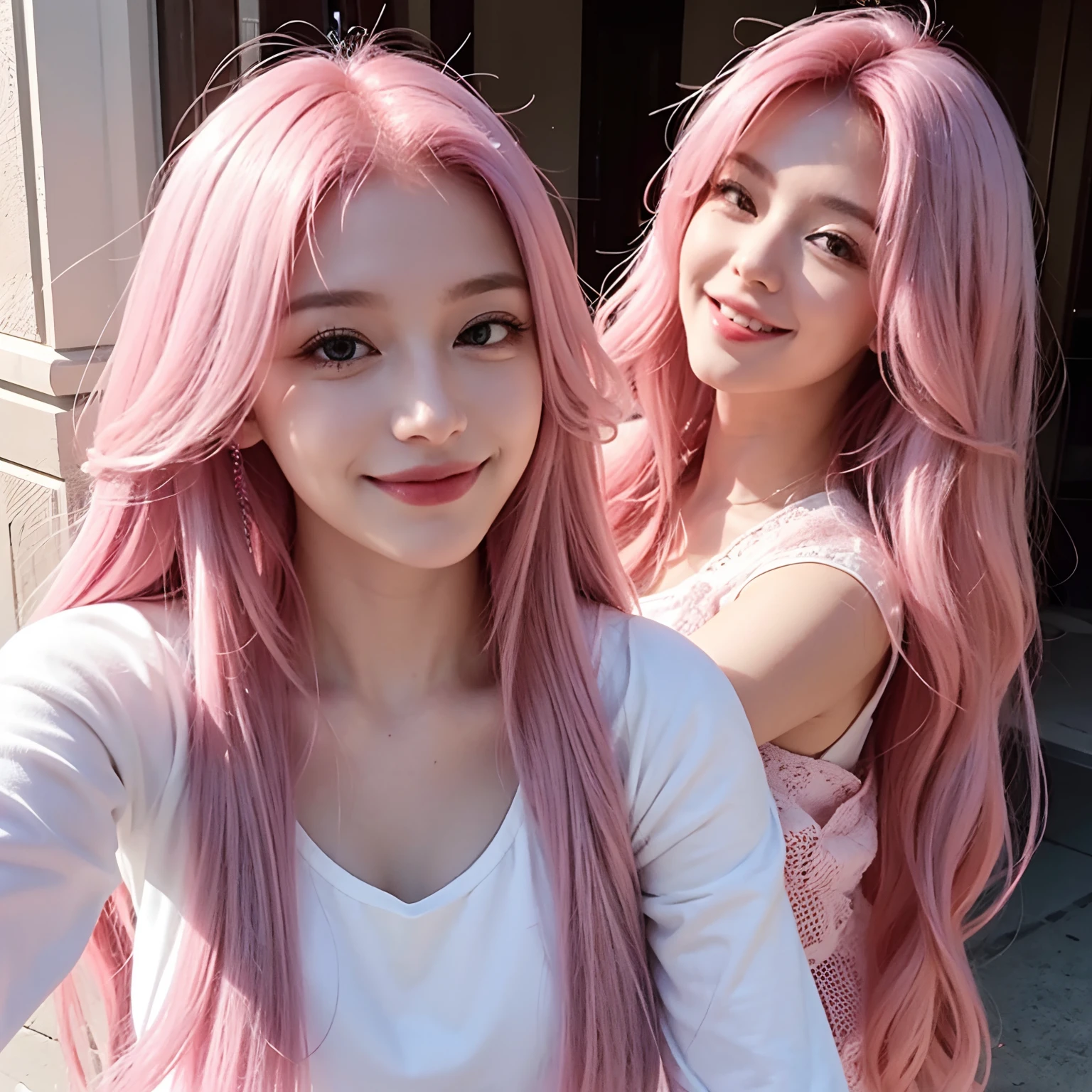 Selfie of White girl with long pink hair smiling with her mouth closed
