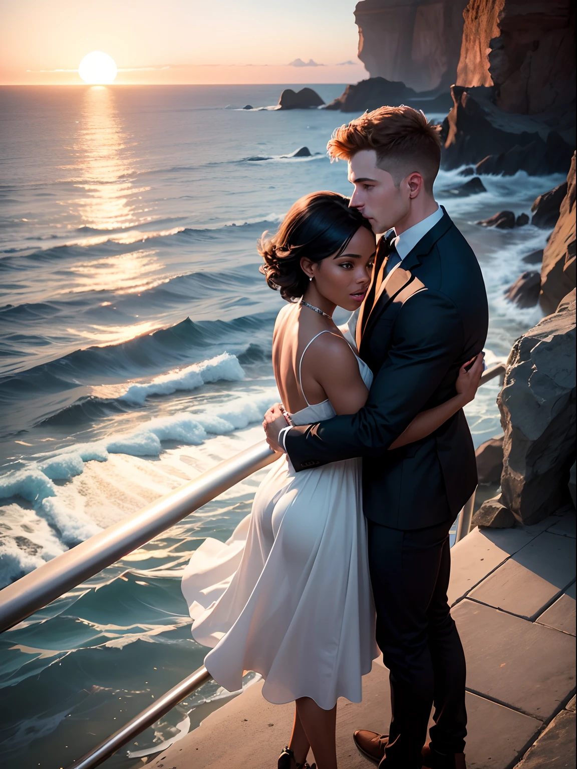 A meeting of a young romantic couple of a white man and black woman.
They run with open arms against each other. Each one comes from facing each other to hug each other. They meet on top of a coastal spike, with concrete block floor and stones on both sides of the spike. In the background, the metal railing that protects from the rocks and the sea. On the horizon a sunset and seabirds.