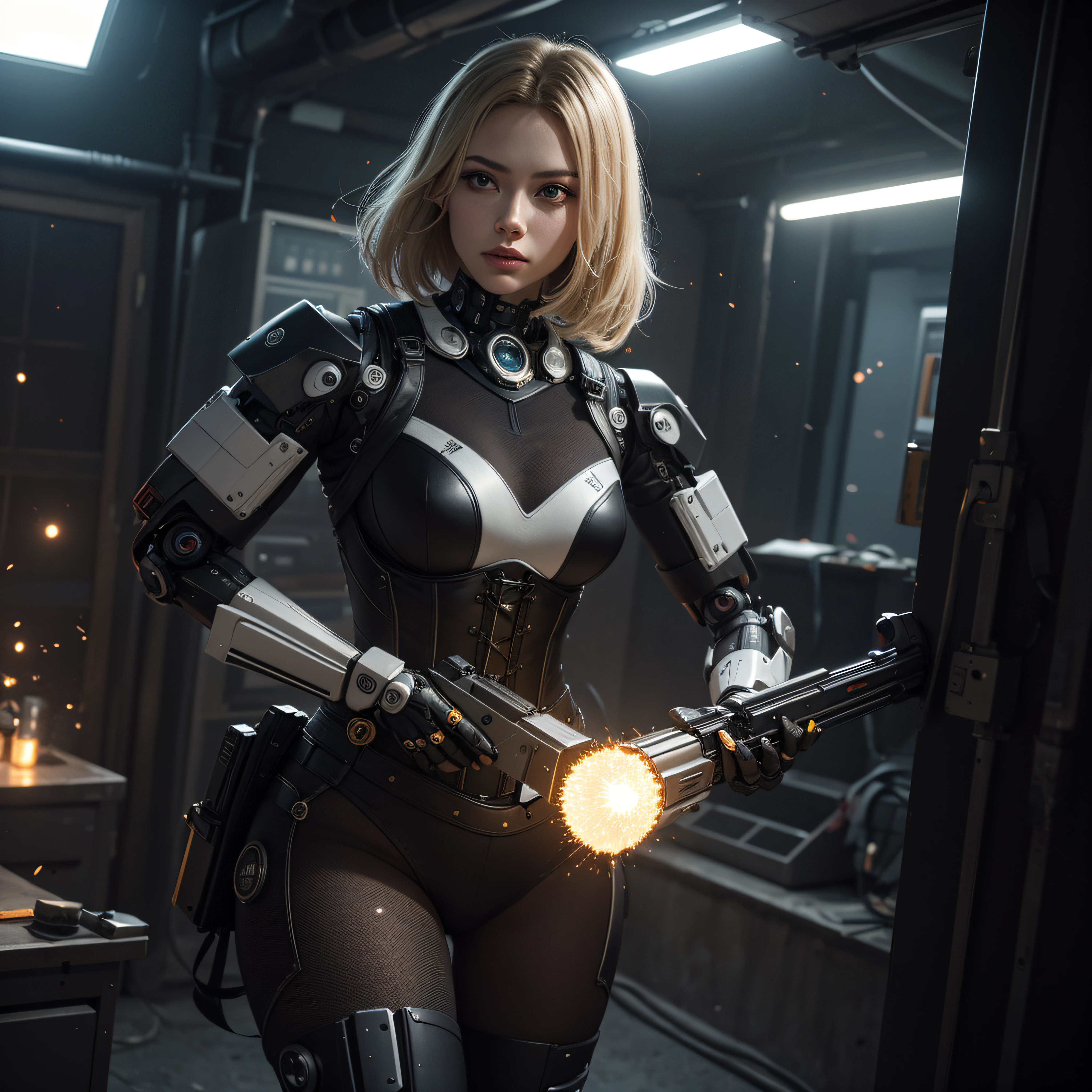 ((calidad superior)), ((obra maestra)), ((realista)), (Los detalles), (fotorrealista:1.5), Science-Fiction, HDR, Trazado de rayos, NVIDIA RTX, Los ultra-Highres, Irreal 5, Sub-Surface Scatterring, PBR texturizado, Post-procesamiento, Anisotropic filtering, Profundidad de campos, maximum sharpness and sharpness, Regla de los tercios、8K RAW、(Luminescent Particles:1.4)、(super-detailed CG、Unidad 8k Fondos de pantalla、lighting like a movie、destello de lente、foco nítido. Girl with yellow corset, Robotic Parts, Cannon fire, guerra urbana, Armas, pistola, Arte cyberpunk、arquitectura cyberpunk