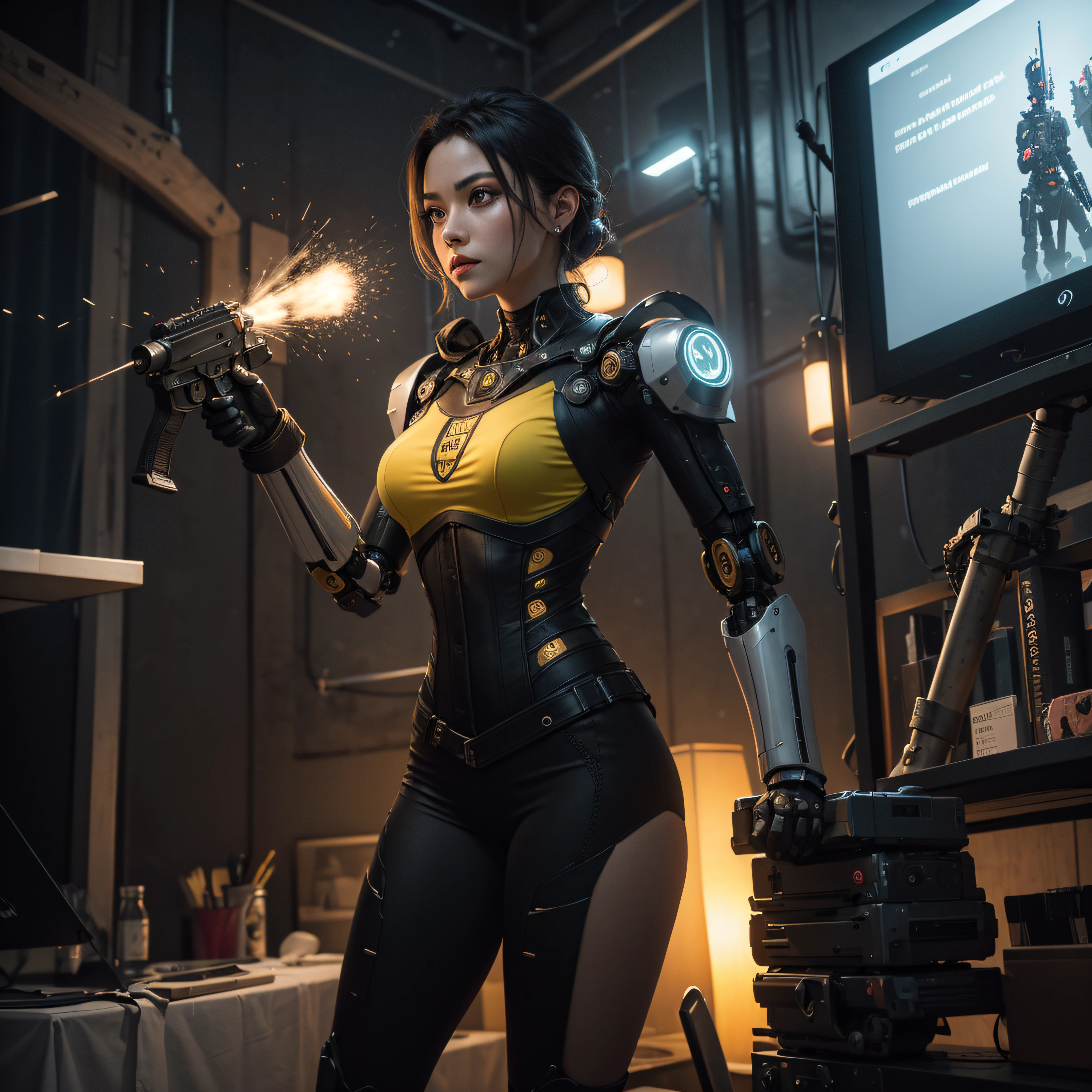 ((calidad superior)), ((obra maestra)), ((realista)), (Los detalles), (fotorrealista:1.5), Science-Fiction, HDR, Trazado de rayos, NVIDIA RTX, Los ultra-Highres, Irreal 5, Sub-Surface Scatterring, PBR texturizado, Post-procesamiento, Anisotropic filtering, Profundidad de campos, maximum sharpness and sharpness, Regla de los tercios、8K RAW、(Luminescent Particles:1.4)、(super-detailed CG、Unidad 8k Fondos de pantalla、lighting like a movie、destello de lente、foco nítido. Girl with yellow corset, Robotic Parts, Cannon fire, guerra urbana, Armas, pistola, Arte cyberpunk、arquitectura cyberpunk