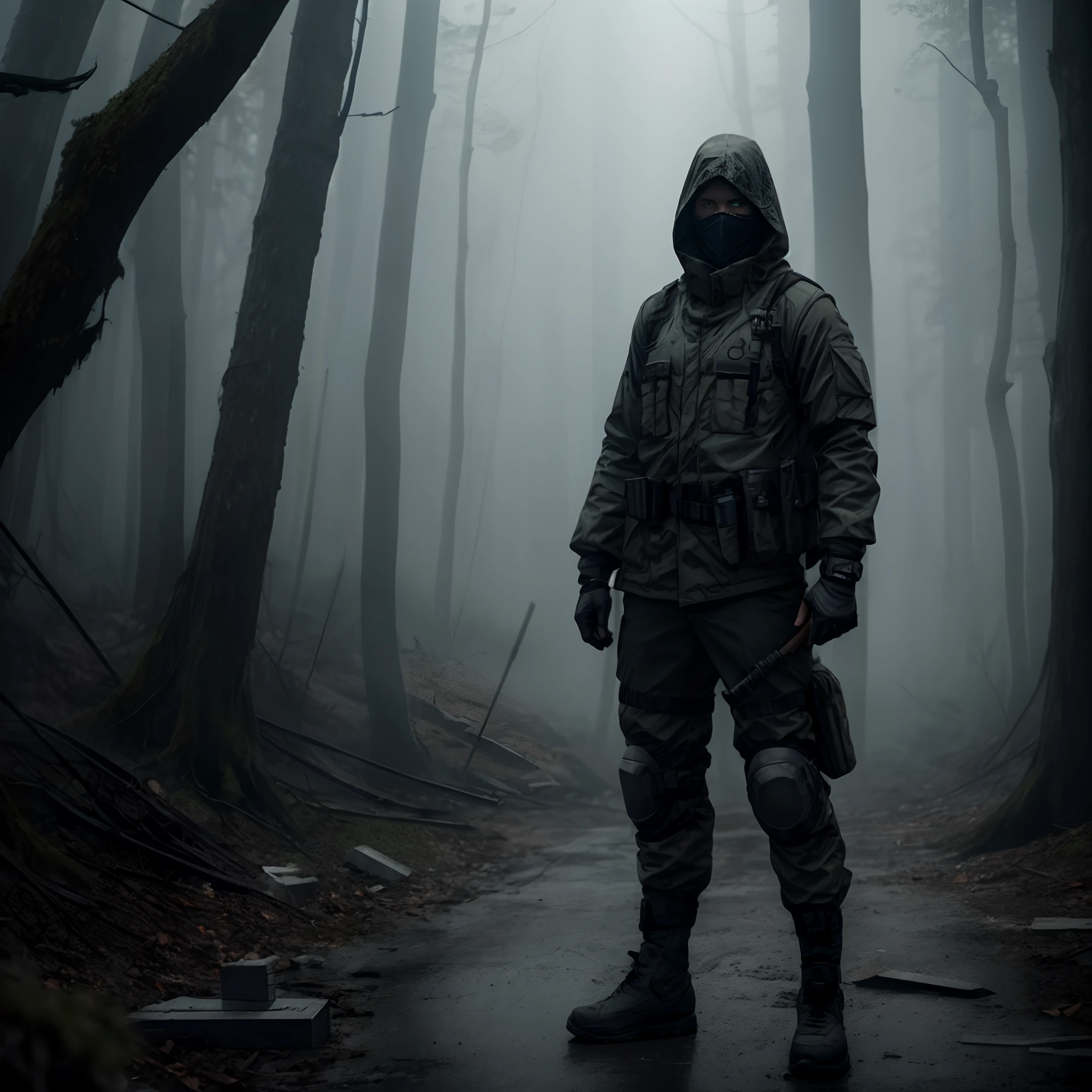 side midshot, young guy, hooded stalker, mask, grey camo military suit, knee pads, fingerless gloves, digital art, character concept art, post-apocalypse, slavic industrial, bricks wall, biohazard, abandonment, standing confidently, dense foggy forest, dark evening, scary, mysticism, mistical, cinematic lighting, dark colors, scary vision, digital art, 8k, high contrast, detailed, depth of field, by Adrian Donoghue and Akos Major