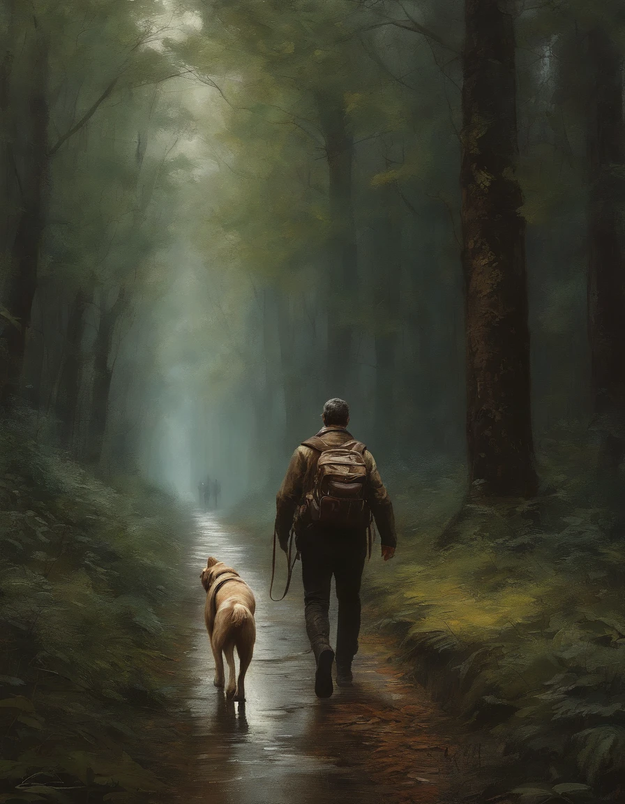(obra-prima) RAW altamente detalhado, A man with a post-apocalyptic dog with a backpack is walking down a clear alley in a leafy and long forest with plenty of rain,no fim do caminho um luz forte branca em forma de bola, estilo hassanfantasy, por Jeremy Mann e Donato Giancola ultra realista altamente detalhado intrincado fotorrealista