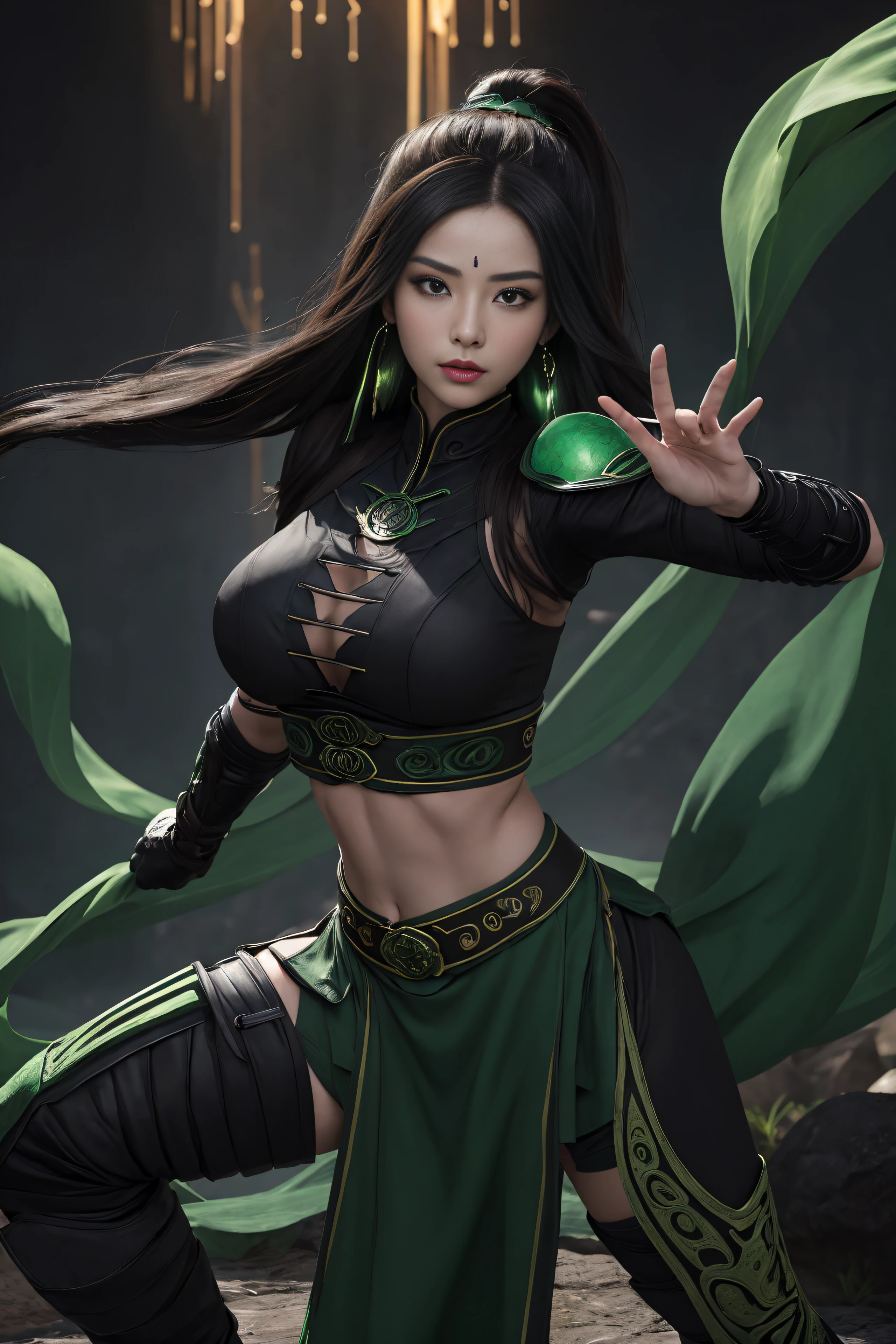 (masterpiece, top quality, best quality, official art, beautiful and aesthetic:1.2), (1girl:1.3), (fractal art:1.3), solo, Jade from mortal kombat, Mortal Kombat video game, black headband, long hair, huge breasts, beautiful faces, Asian lady, green black ninja uniform for lady, black gloves, black brown hair, green long socks, long green footwear, sexy ninja green uniform , earrings,  midriff, navel, toned, looking at viewer, full body, fighting stance,  the background behind black