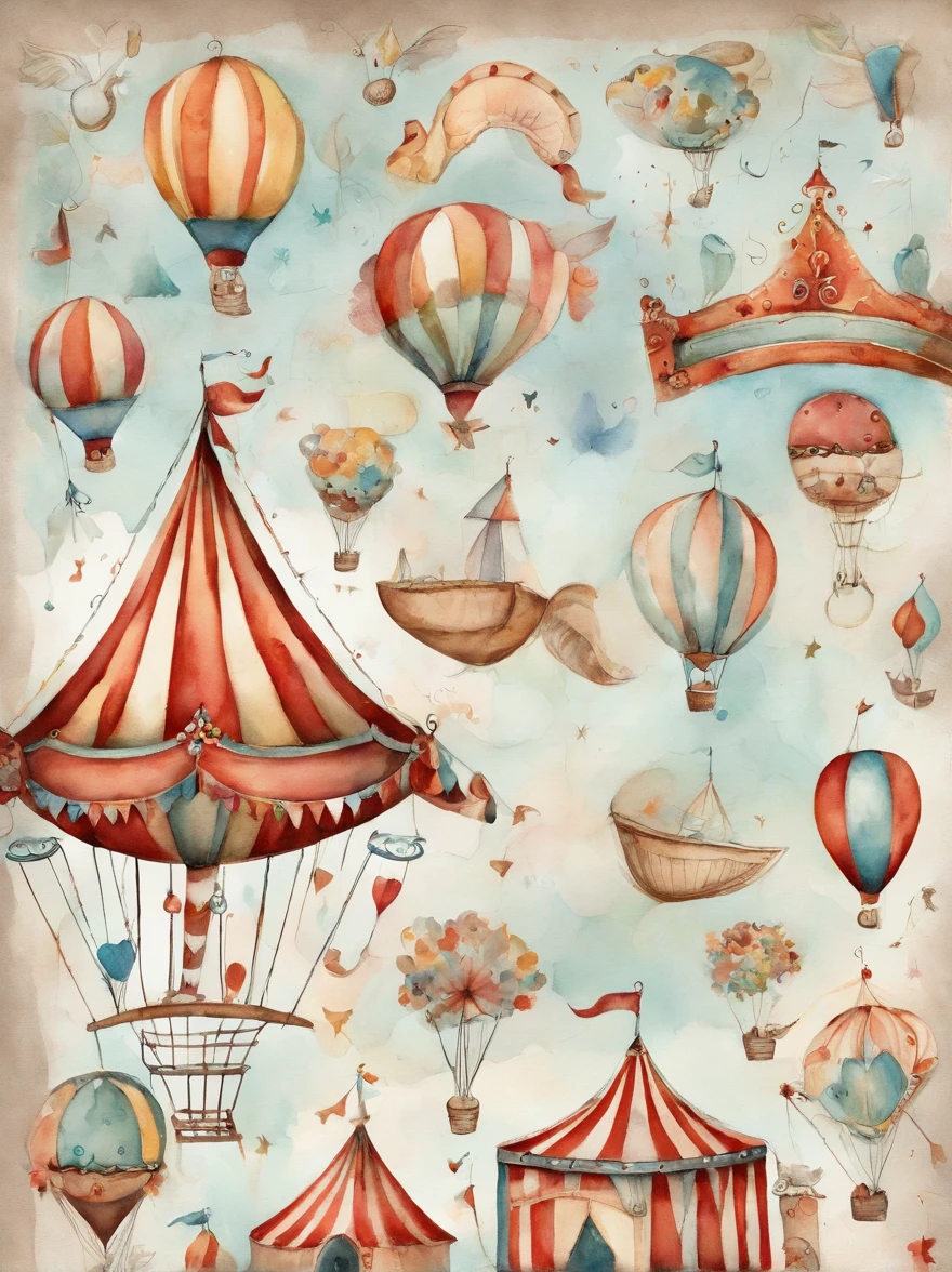there is a picture of a carnival, ethereal and dreamy theme, dreamy and detailed, adorable and whimsical, whimsical and cute, witchlight carnival, welcome to the circus, circus background, very magical and dreamy, dreamy illustration, illustrated in whimsical style, in the white clouds fairyland, instagram story, illustartion, airy midnight theme, circus, air baloon