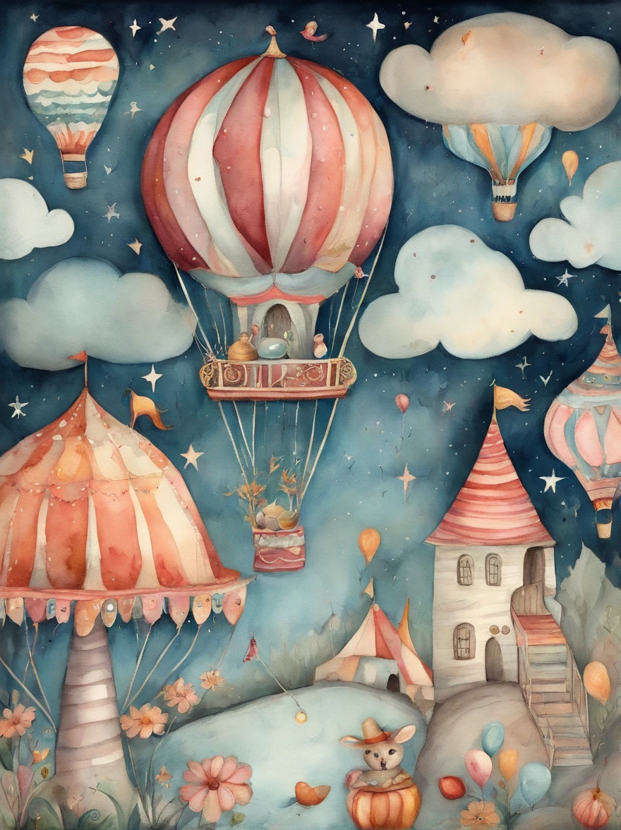 there is a picture of a carnival, ethereal and dreamy theme, dreamy and detailed, adorable and whimsical, whimsical and cute, witchlight carnival, welcome to the circus, circus background, very magical and dreamy, dreamy illustration, illustrated in whimsical style, in the white clouds fairyland, instagram story, illustartion, airy midnight theme, circus, air baloon