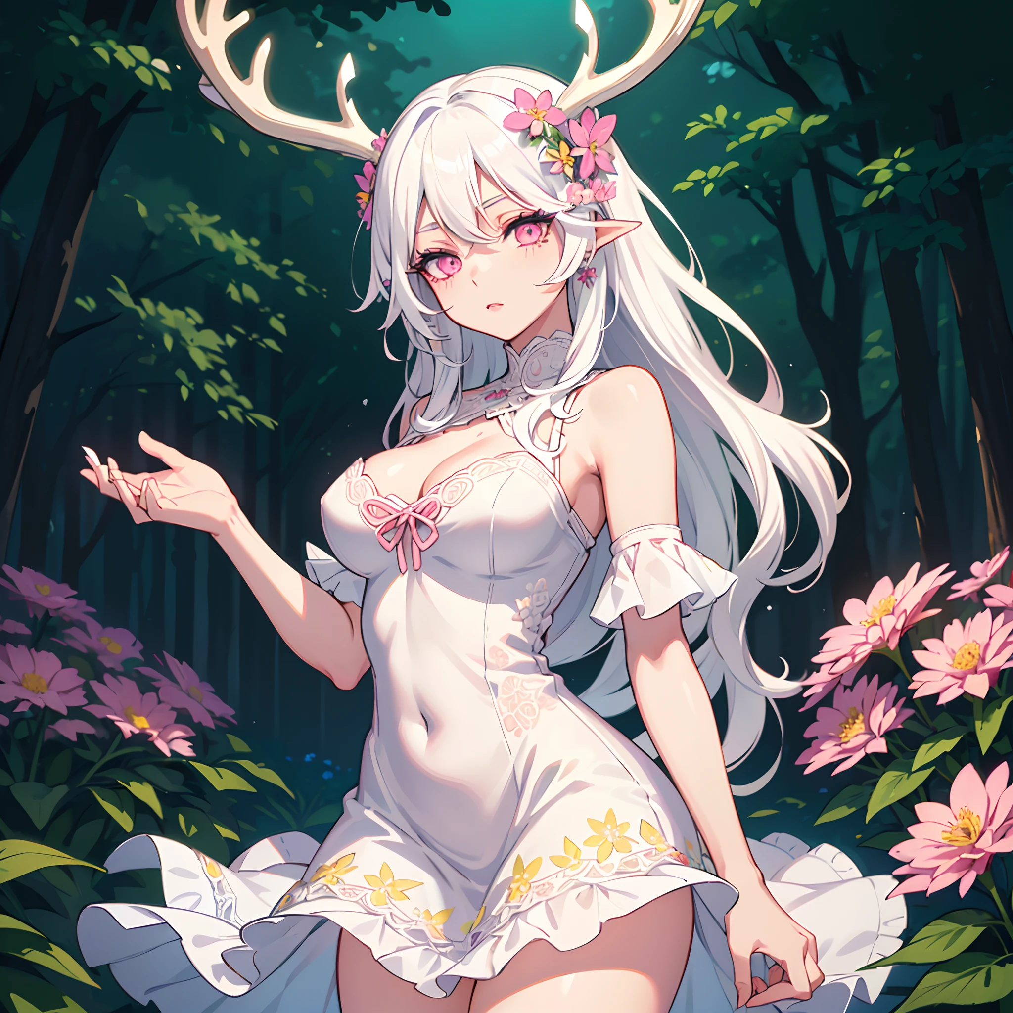 Midriff, upskirt, Tight dress, Lingerie, Skimpy outfit, Slutty, Sexy, (((masterpiece, best quality))), (((thicker lines))), (((Sharp focus))), ((bokeh)), 1girl, (((white hair))), (((deer antlers, covered in flowers))), flower earrings, (((light pink eyes))), ((slanted eyes)), (thick eyeliner), eyeshadow, (((long eyelashes))), ((lips)), (((intricate pastel floral lace dress))), (((medium breasts))), ((forest)), ((lots of glowing flowers)), ((cowboy shot)), (glowart), Korean webtoon girl, big eyes, ombre lipstick, cute face, oval face, white hair, curly hair, straight hair, ombre, ombre hair, add_detail:0.5, add_detail:1, add_detail:1, add_detail:0, add_detail:2, InkAnime, ((glowify)), COLORFULMIX, white HAIR, WAVY HAIR, mksks, colored eyelashes, (((white eyelashes))), kahuka1, flower dress, glowify, glowify, flower dress