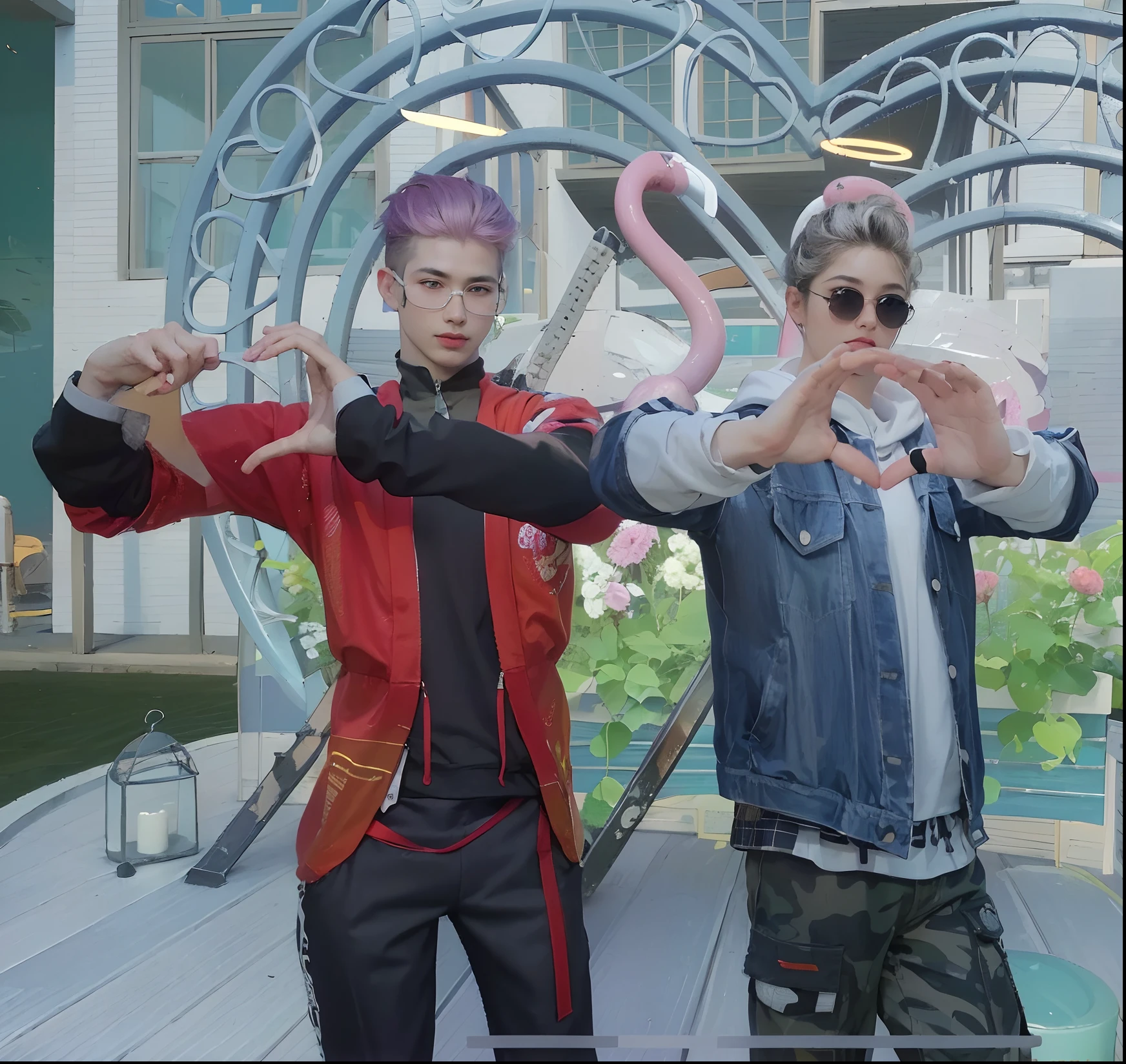(Masterpiece, realistic, high resolution), (1 girl, 1man): 1.2), Korean, ((white wavy hair): 1.3), (heterochromic eyes: 1.1, thick eyebrows,), (white hoodie, black sports shorts), (medium breasts): 1.2, small waist, thighs), catwalk