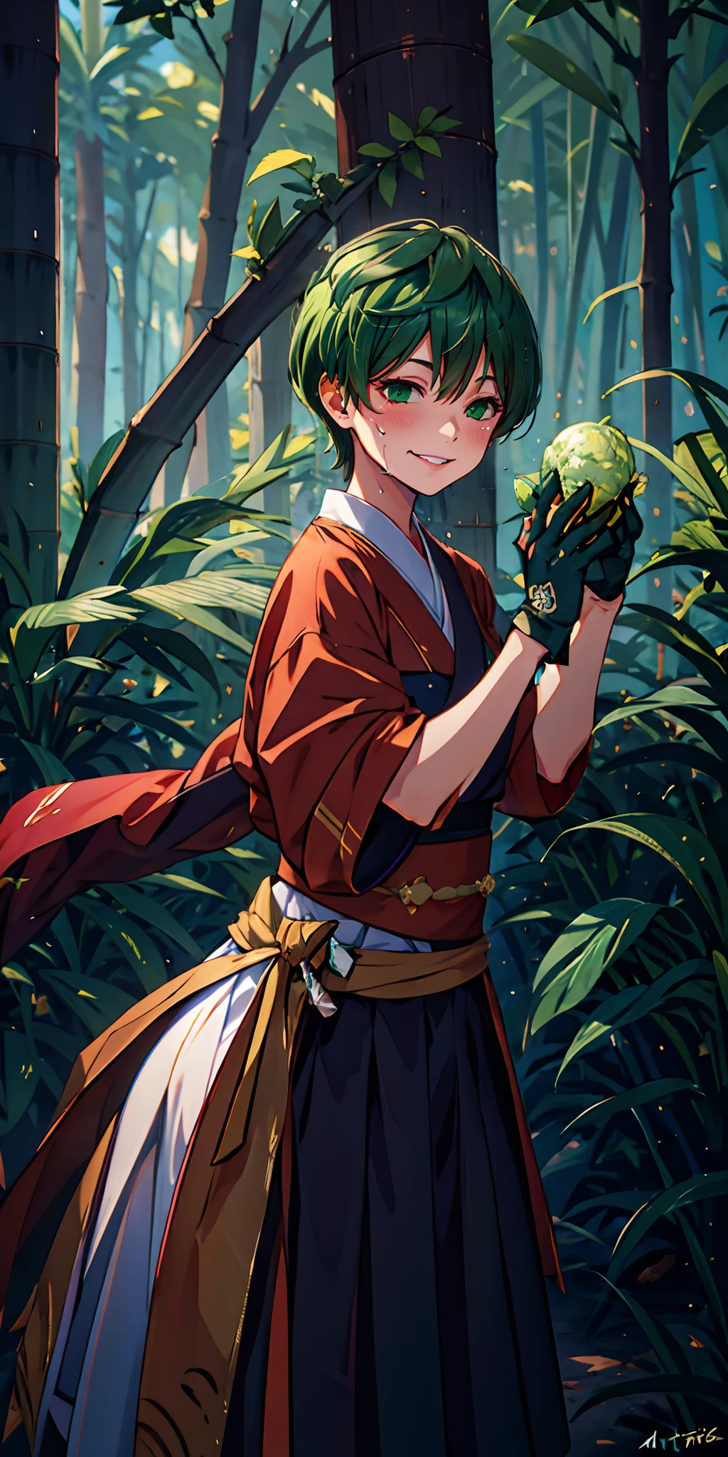 tenka izumo, (short hair, green hair:1.6), green eyes, multicolored hair, sweating, sword, holding, gloves, japanese_clothes, katana, 1girl, kimono, solo, bamboo_forest, bamboo, hakama, wide_sleeves, nature, black_gloves, forest, looking_at_viewer, holding_sword, smile, standing, glow effects, godrays, Hand drawn, render, 8k, octane render, cinema 4d, blender, dark, atmospheric 4k ultra detailed, cinematic, Sharp focus, big depth of field, Masterpiece, colors, 3d octane render, 4k, concept art, trending on artstation, hyperrealistic, Vivid colors, extremely detailed CG unity 8k wallpaper, trending on CGSociety, Intricate, High Detail, dramatic"",