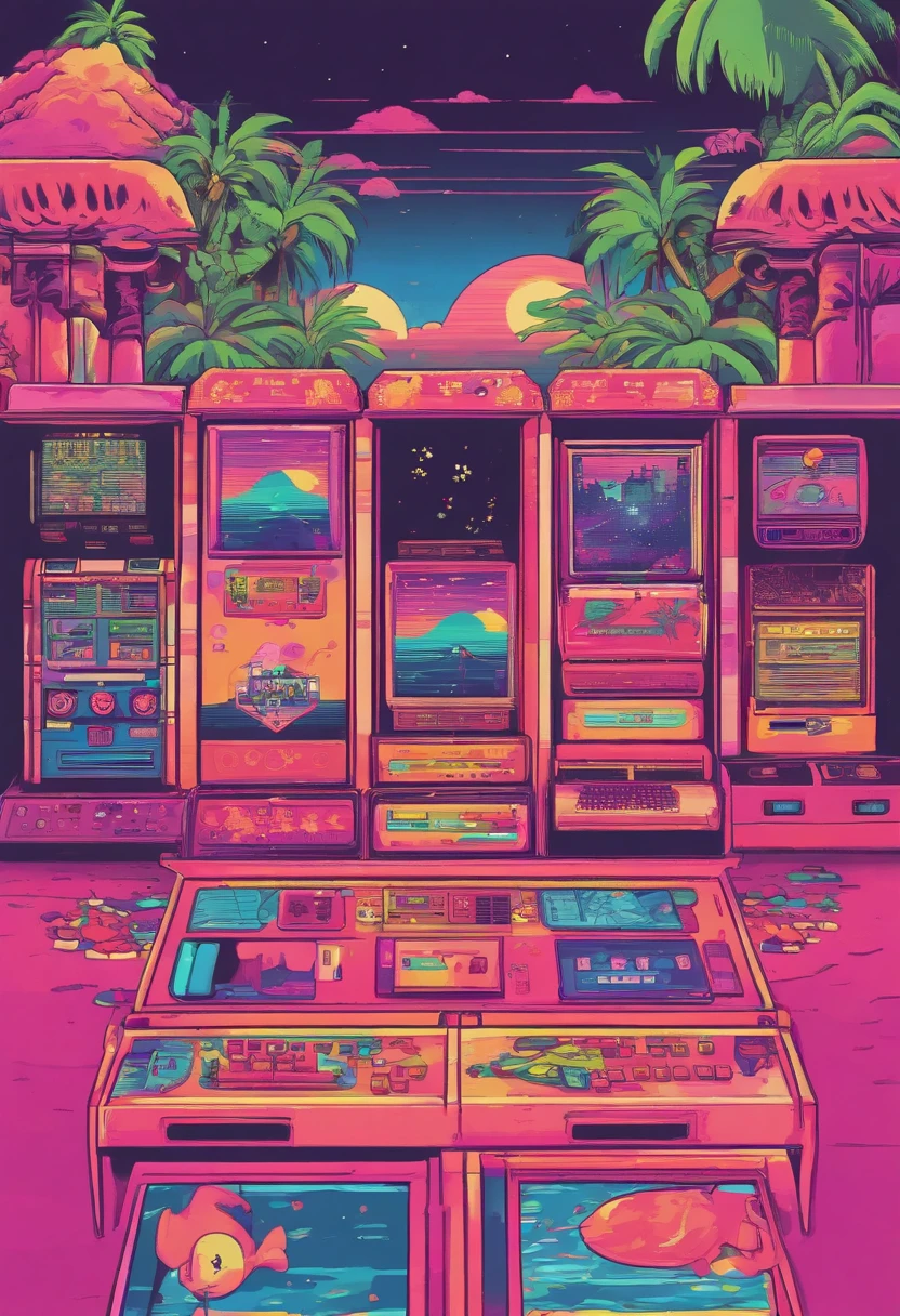 kawaii aesthetic, Arcade Game Room, lofi, Vaporwave, Synth Wave, Tropical, Hawaiian, surfing