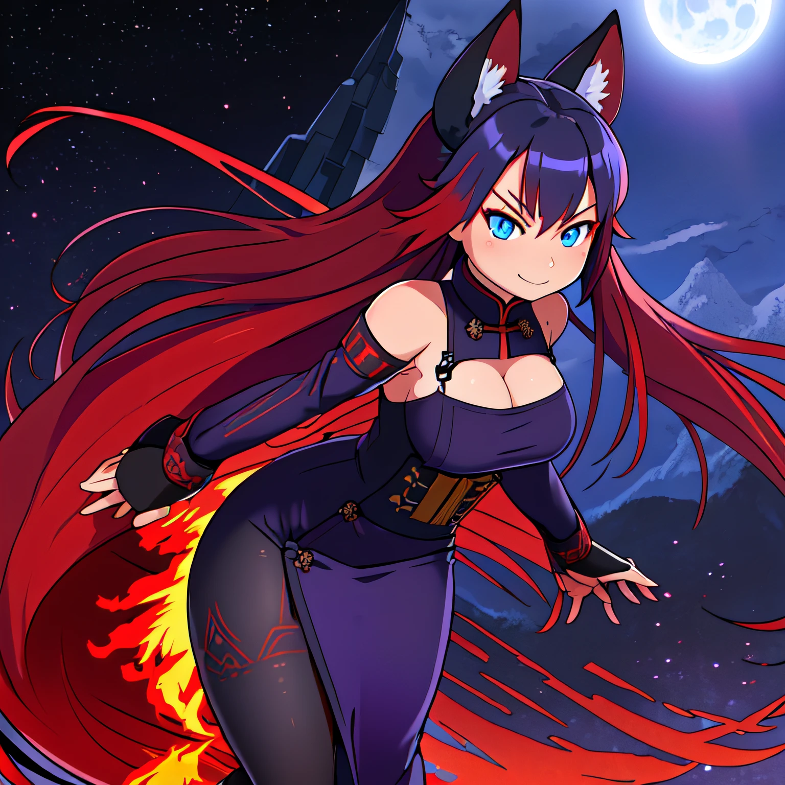 solo woman, kitsune woman (red skin), (blue eyes), fox ears (red ears), long hair, inner hair, (red hair), fox tail, (red tail), shy face, light smile, (purple and black clothes), QIPAO dress, combat pose, epic, sword,