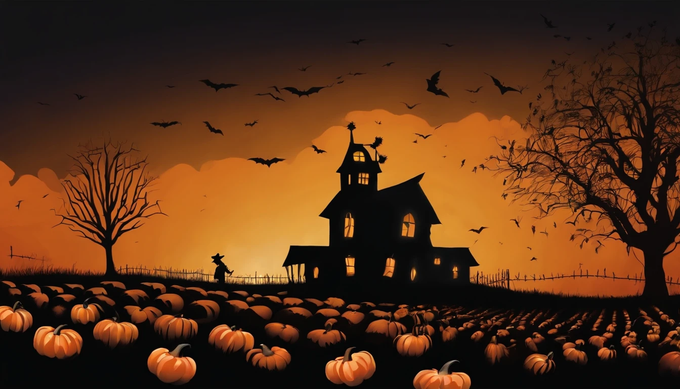 Art Wall Paint Dark Gothic Vintage Style, scarecrow in a field full of black pumpkins Halloween