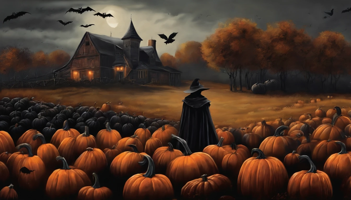 Art Wall Paint Dark Gothic Vintage Style, scarecrow in a field full of black pumpkins Halloween