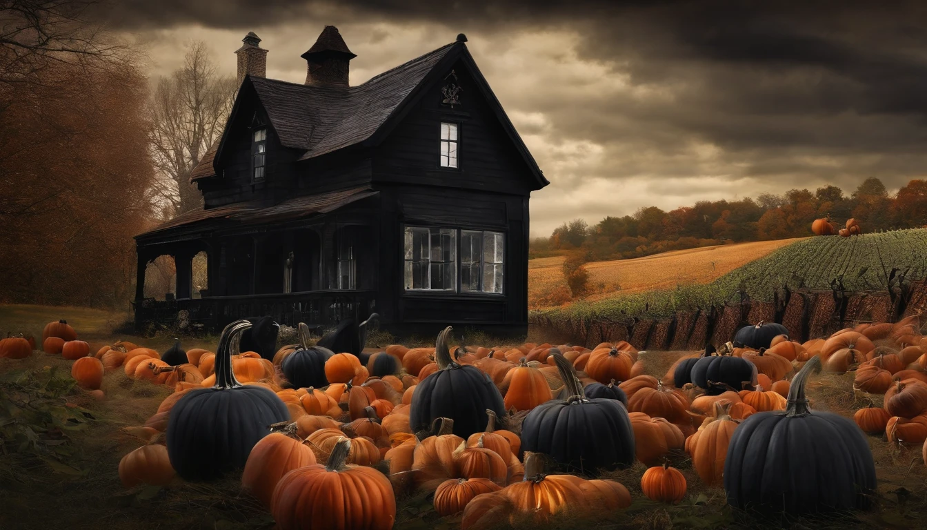 Art Wall Paint Dark Gothic Vintage Style, scarecrow in a field full of black pumpkins Halloween