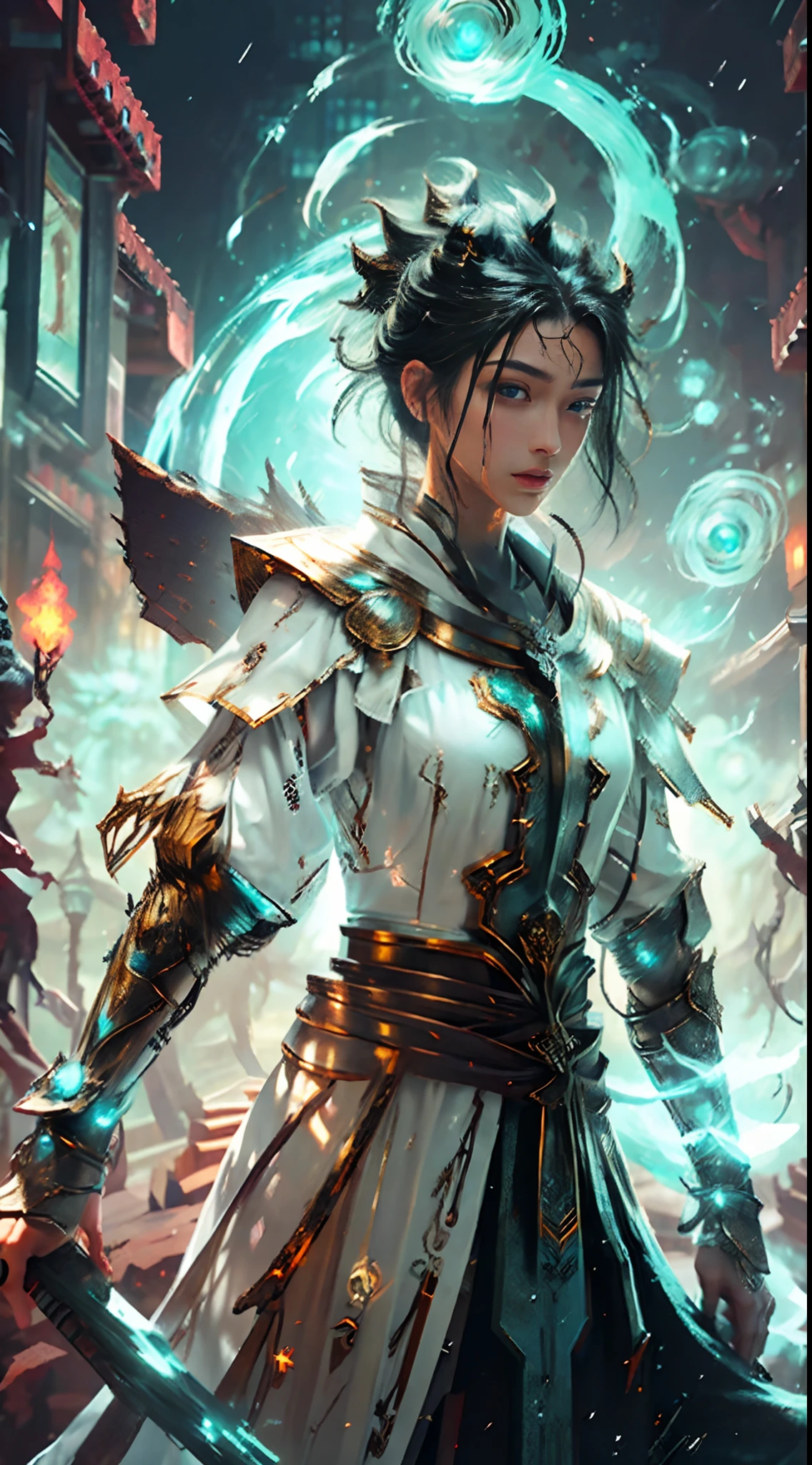8k, complex, elegant, highly detailed, majestic, digital photography, denim lens, surrealist painting, broken glass, beating magic, winding lightning magic, (masterpiece, side light, fine beautiful eyes: 1.2), HDR, Void 5 energy lightning storm, , pale skin, glowing skin, ( Sitting on a stone: 1.5), delicate face, black hair, wearing palatial blue armor, bare fine blue armor, raining, beautiful, looking at the audience, facing the camera, masterpiece, upper body,