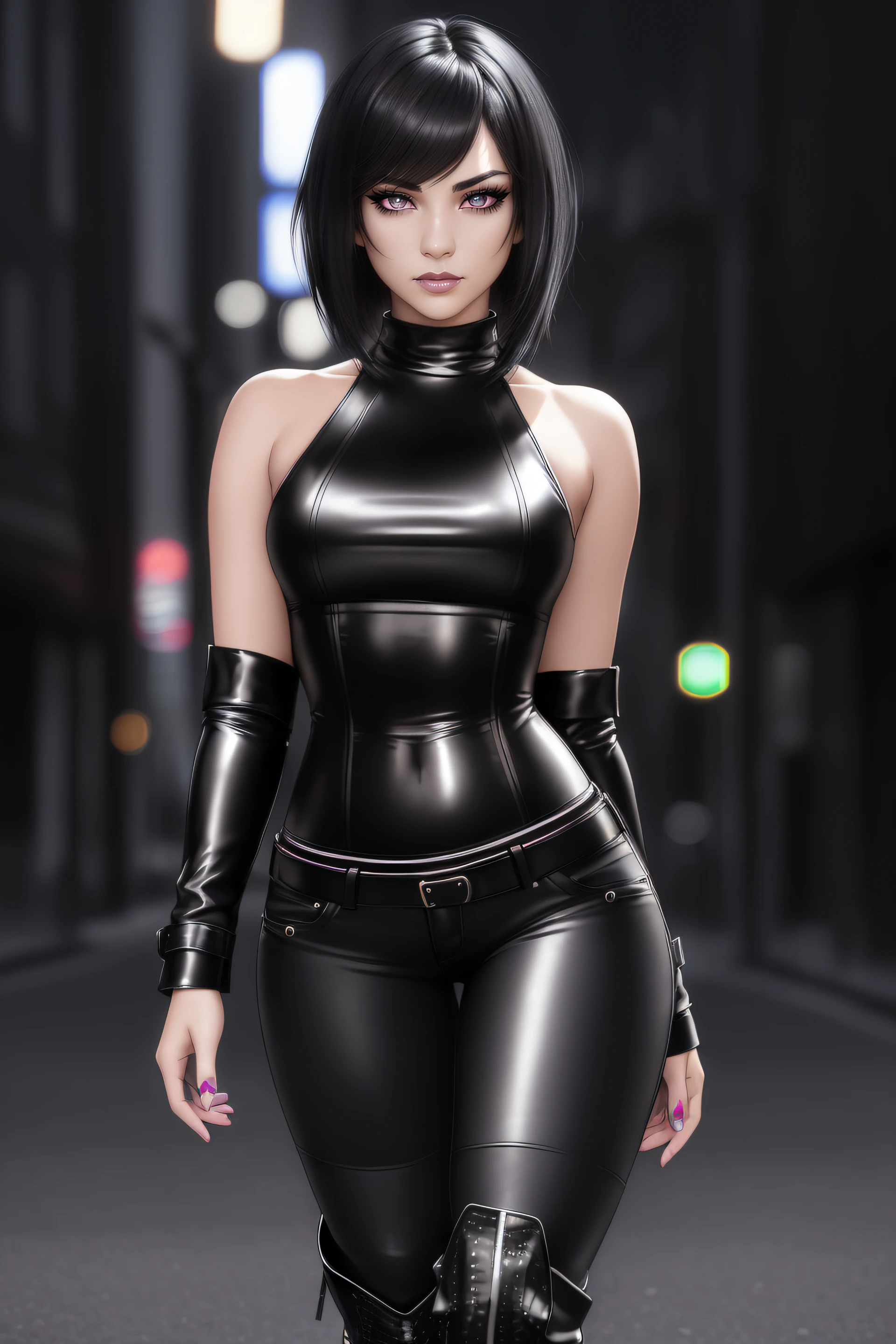 A woman in a black latex outfit walking down a street - SeaArt AI