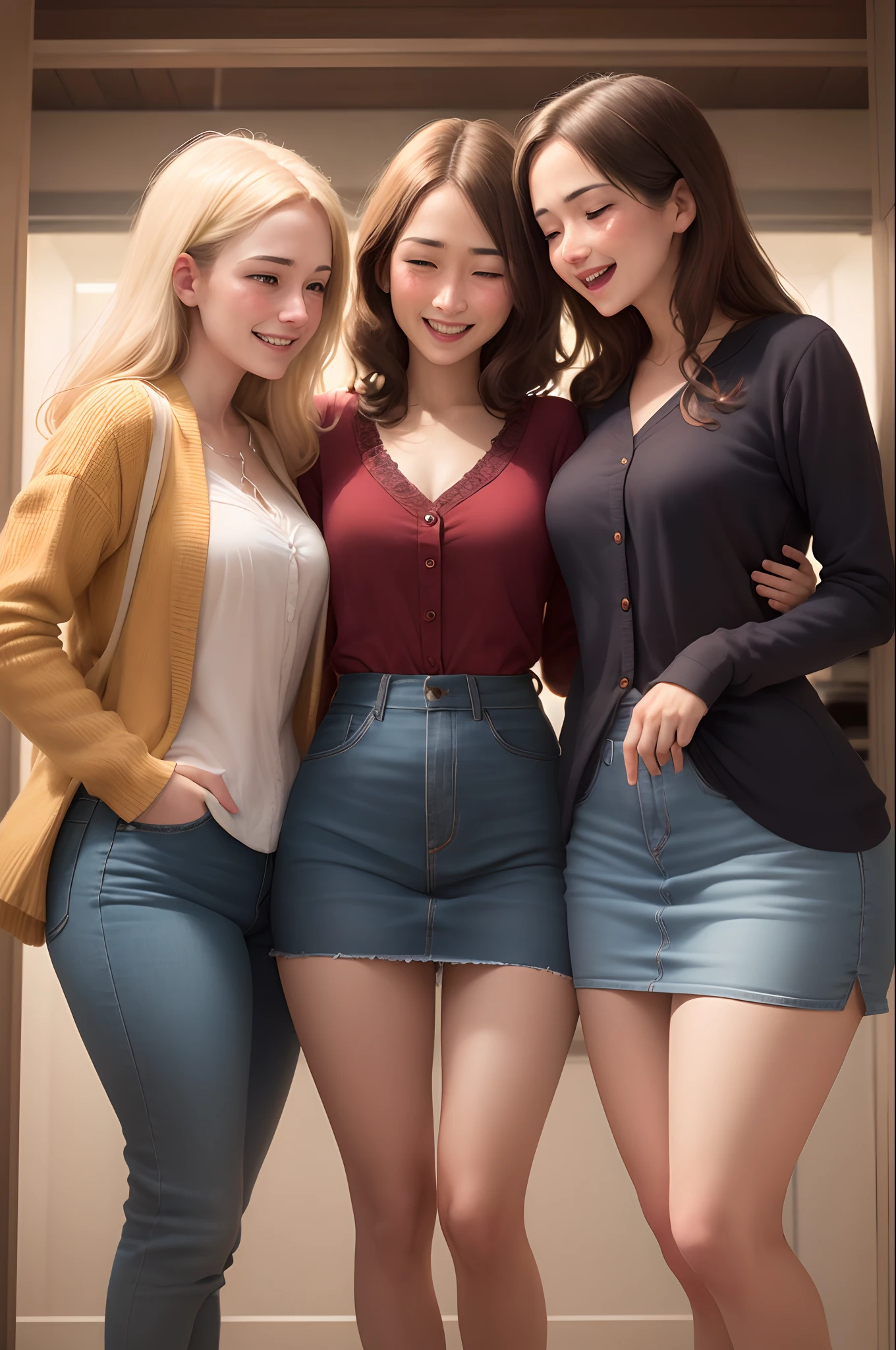 Four happy women celebrating next to two sad women