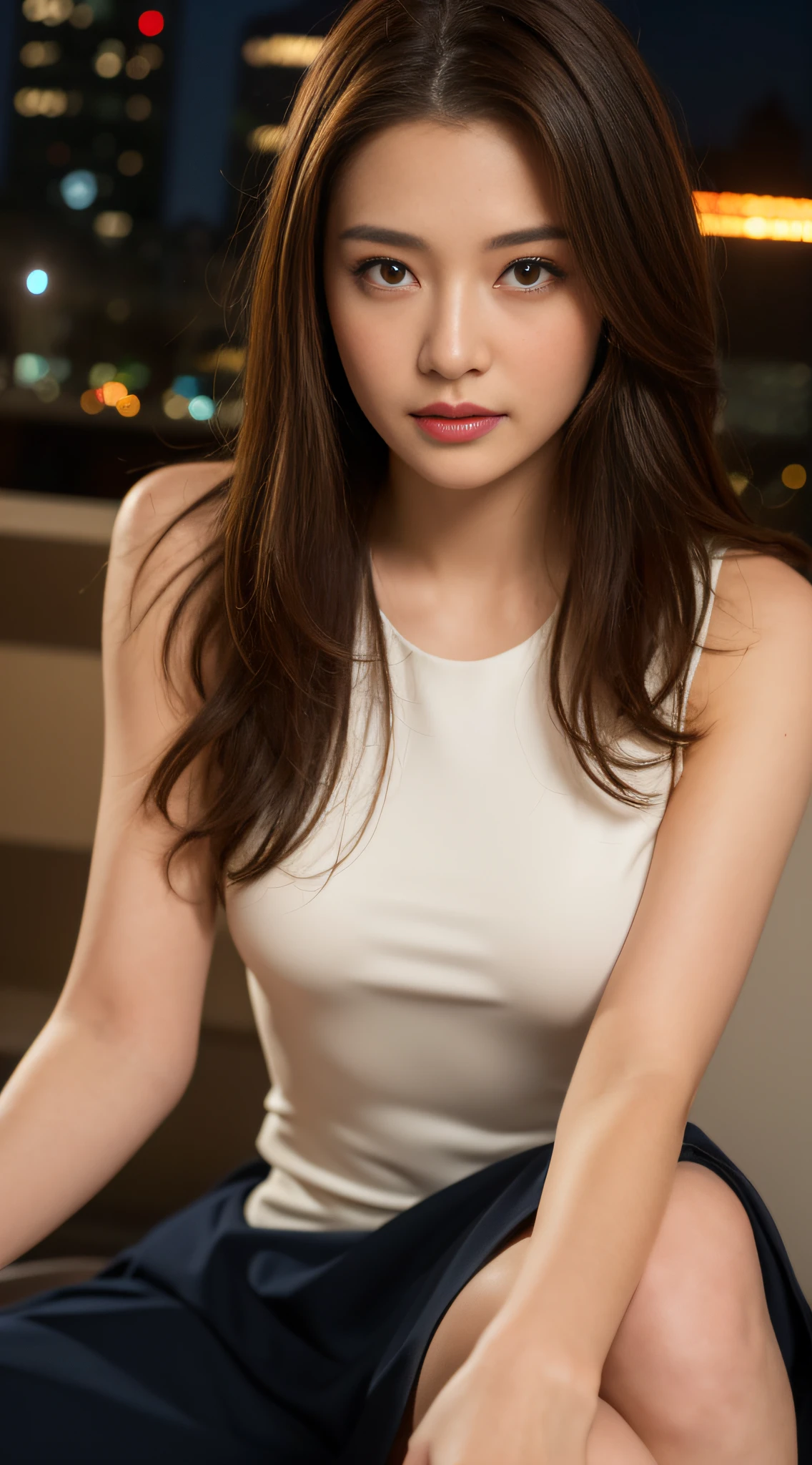 ((Night, Best Quality, 8K, Masterpiece: 1.3, Realistic)), Full Body: 1.4, Slender Abs: 1.2, Sharp focus: 1.2, ((Long dark brown hairstyle, Medium Breasts: 1.2)), (Long white dress, Standing: 1.2), (Outdoor, Urban cityscape, Realistic background, Night lights), Highly detailed face and skin texture, detailed eyes, double eyelids, 1 person, (Dynamic sexy pose, Hand on hip, Crossed legs, Face looking at the camera, Top angle camera view, Full body camera view)