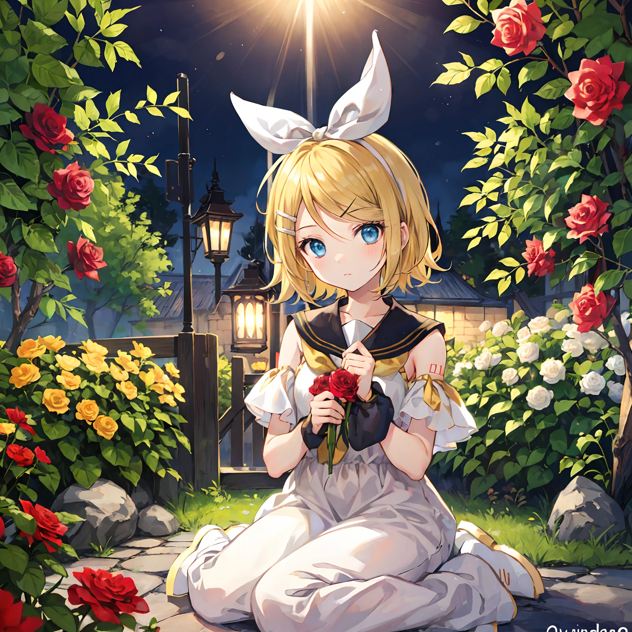 Kagamine rin , pelo rubio 、Hair is pulled back、ojos rojos、Hermosa chica sola、quimono、una minifalda、Garden of bright red roses、sentado en