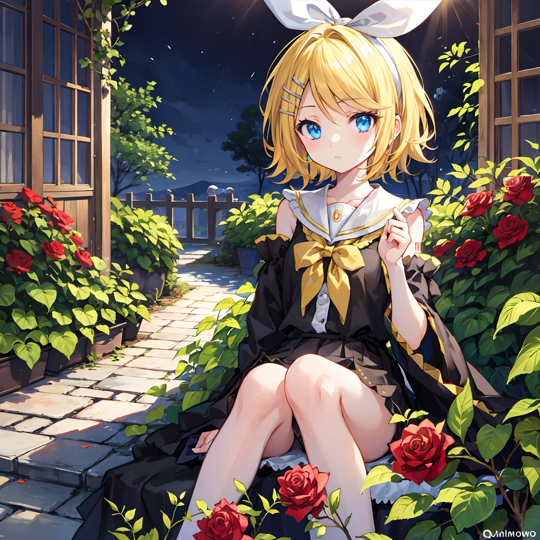 Kagamine rin , pelo rubio 、Hair is pulled back、ojos rojos、Hermosa chica sola、quimono、una minifalda、Garden of bright red roses、sentado en