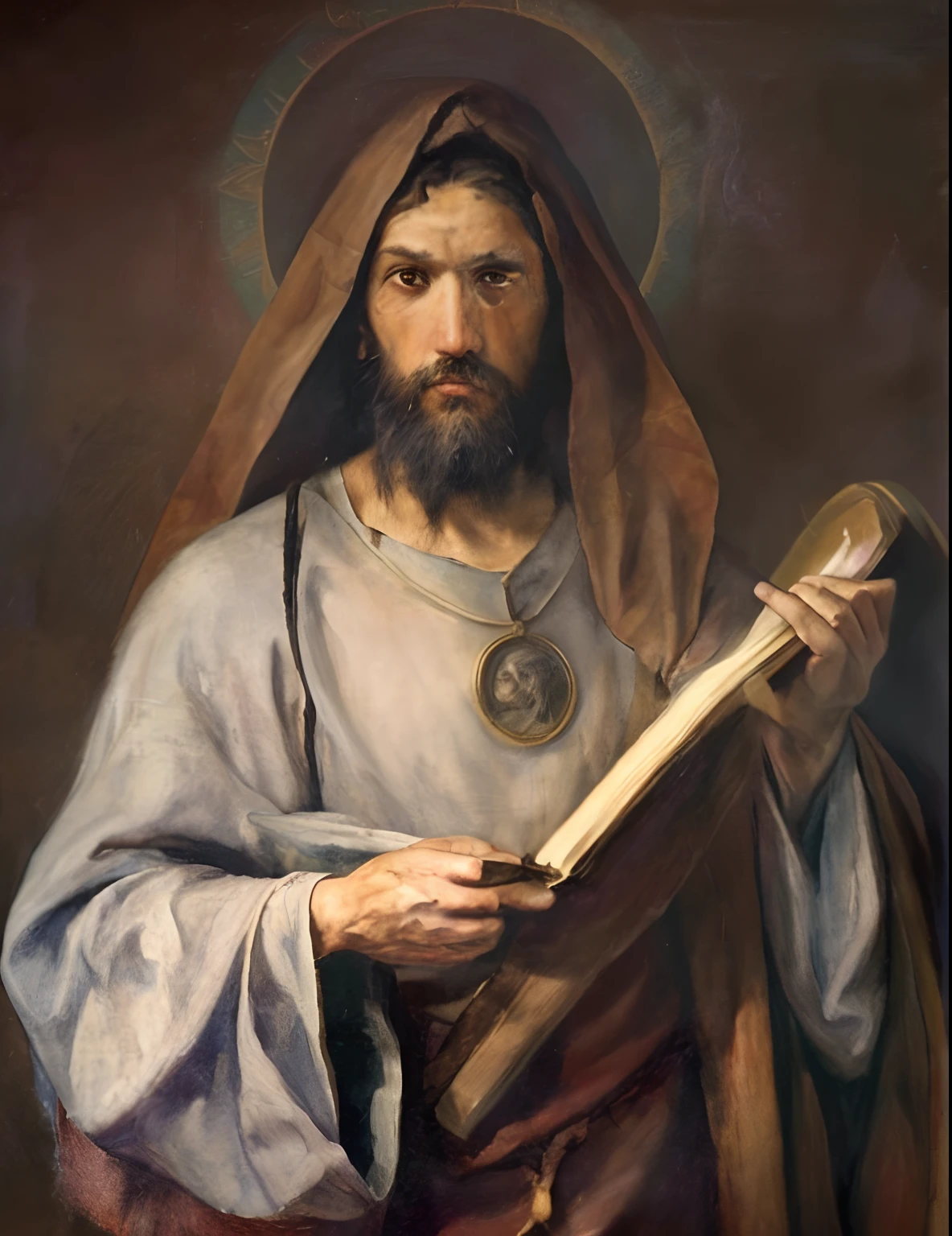 a painting of a man with a beard holding a book, portrait of jsan judas tadeo a Jew wise man, protector of the defenseless and impossible cause,t, christian saint, , orthodox saint, hermes trismegistus, nicodemus, biblical art style, saint christopher, christian art, by Rudolf Koller,